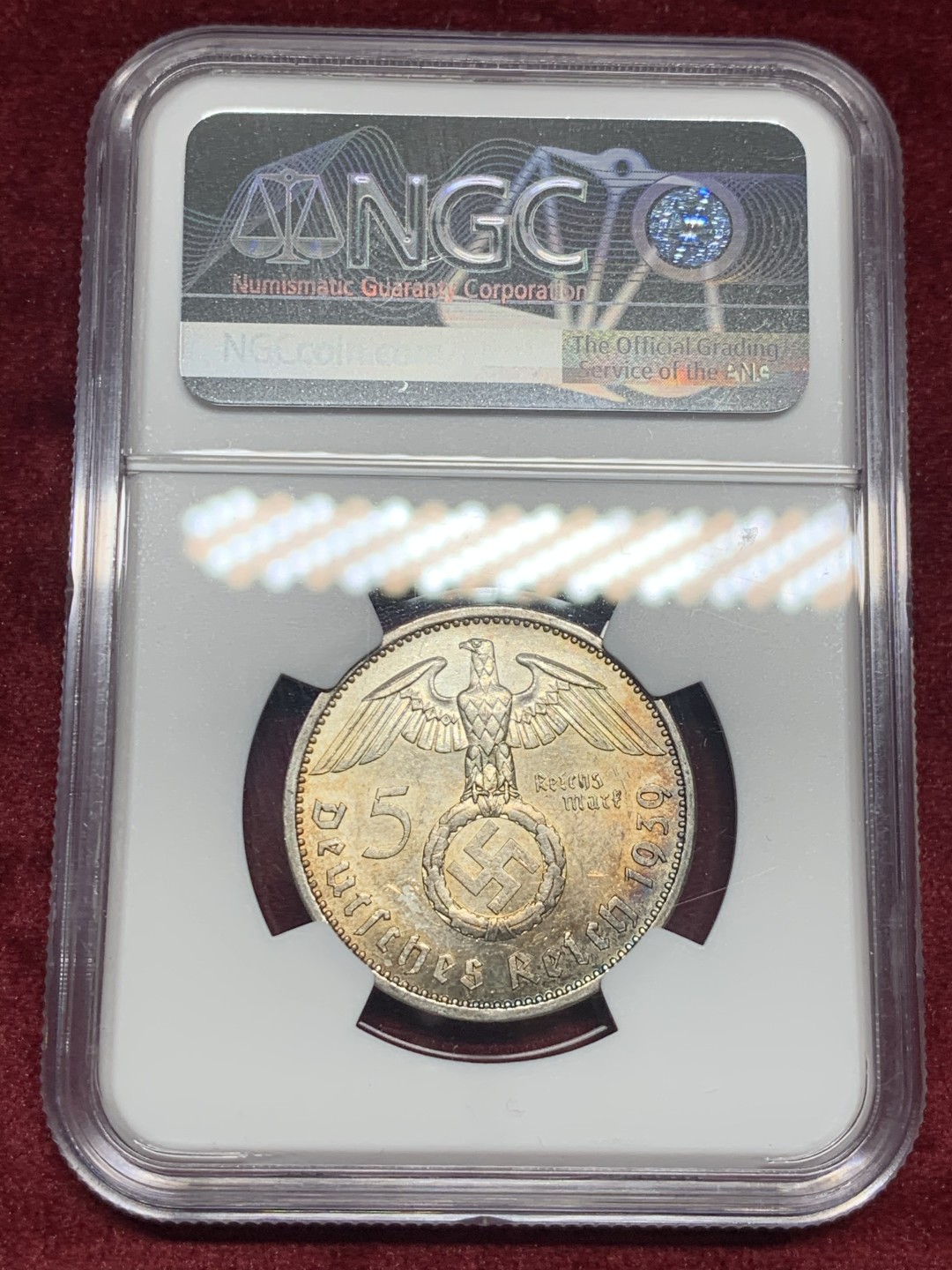 《竞宝斋》第59场-本周日，周一2场连拍（全场不限金额包邮） NGC MS62 德国1939 A版 5马克 深彩包浆 上分不容易