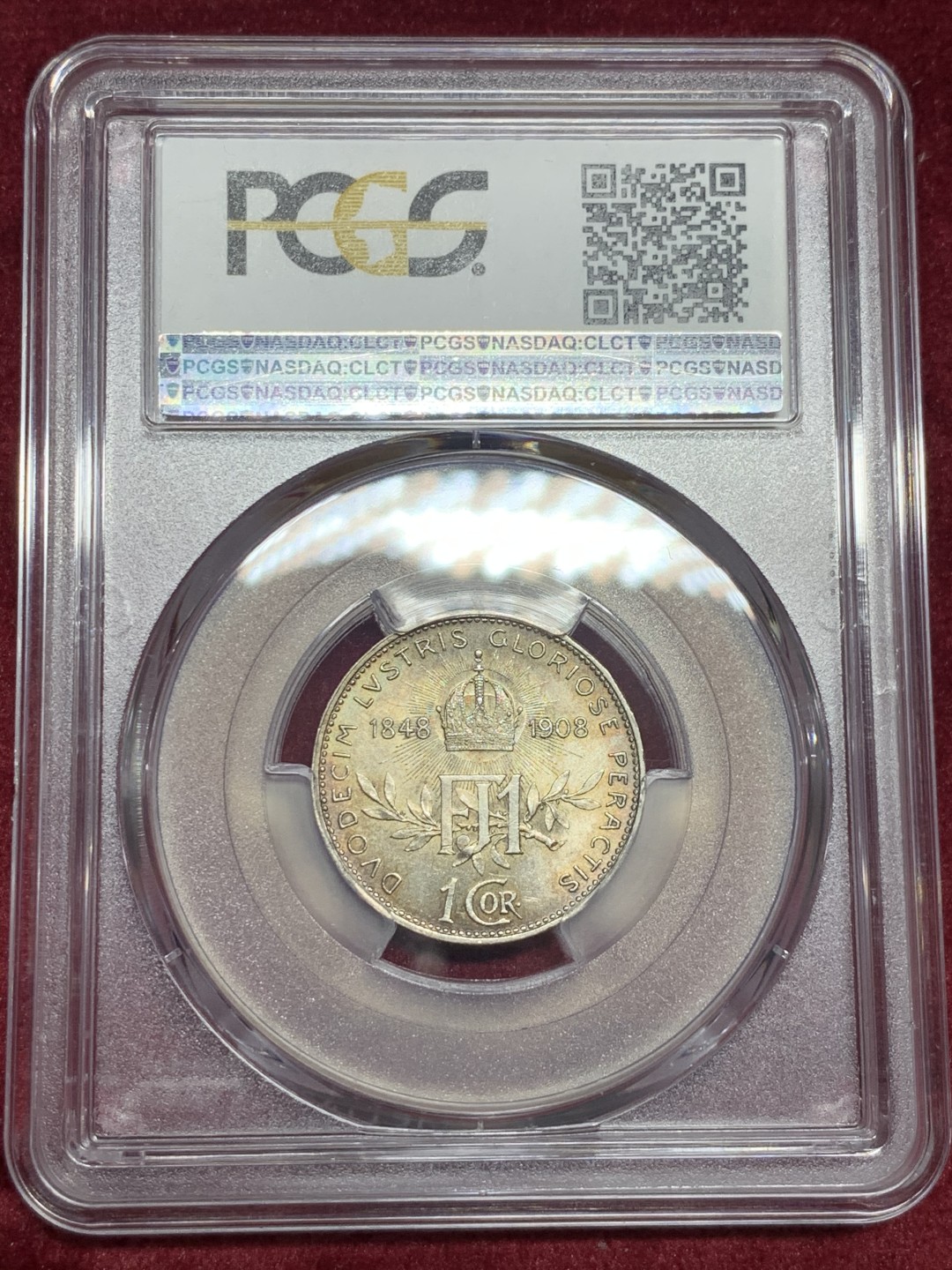 《竞宝斋》第59场-本周日，周一2场连拍（全场不限金额包邮） PCGS-MS62 奥地利 1908年弗朗茨 执政60年 纪念1克朗银币 少见品种