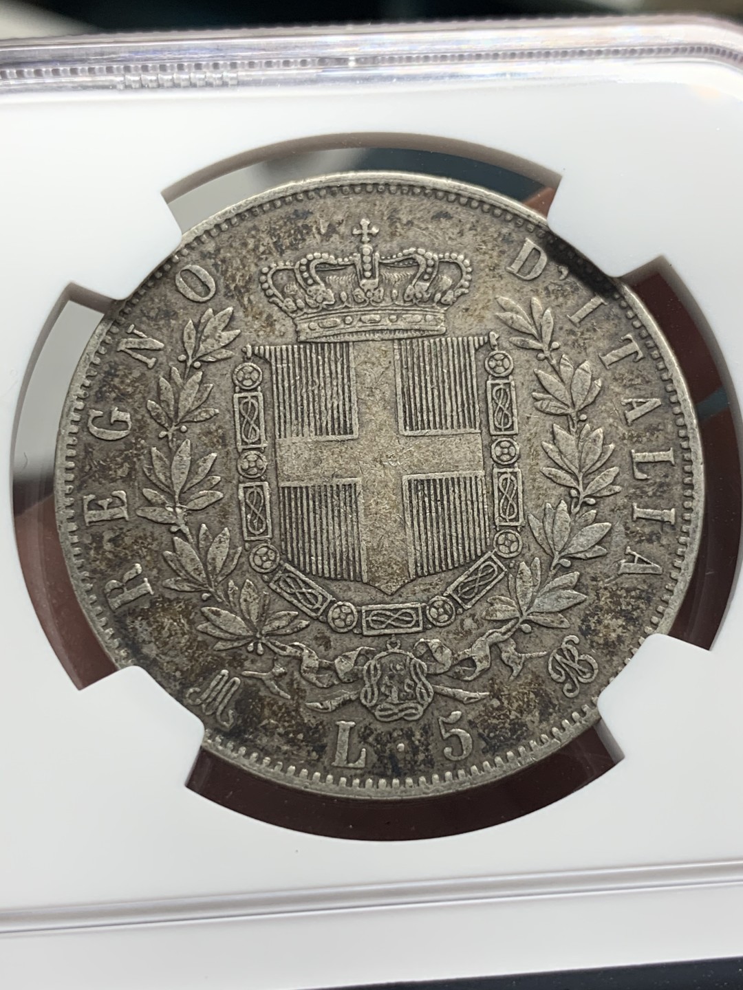 《竞宝斋》第59场-本周日，周一2场连拍（全场不限金额包邮） NGC XF45 意大利 1875年 伊曼纽尔二世 5里拉 大银币 双面深包浆 自藏好品