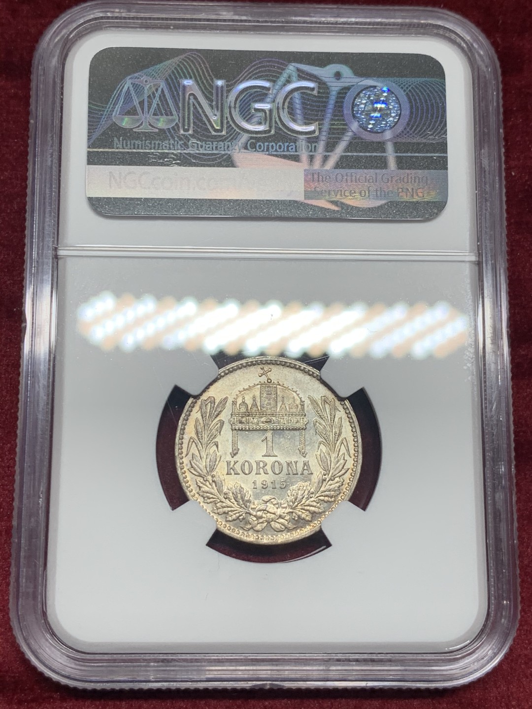 《竞宝斋》第59场-本周日，周一2场连拍（全场不限金额包邮） NGC-MS62 匈牙利 1915年 歪皇冠 1克朗银币 淡彩高细节