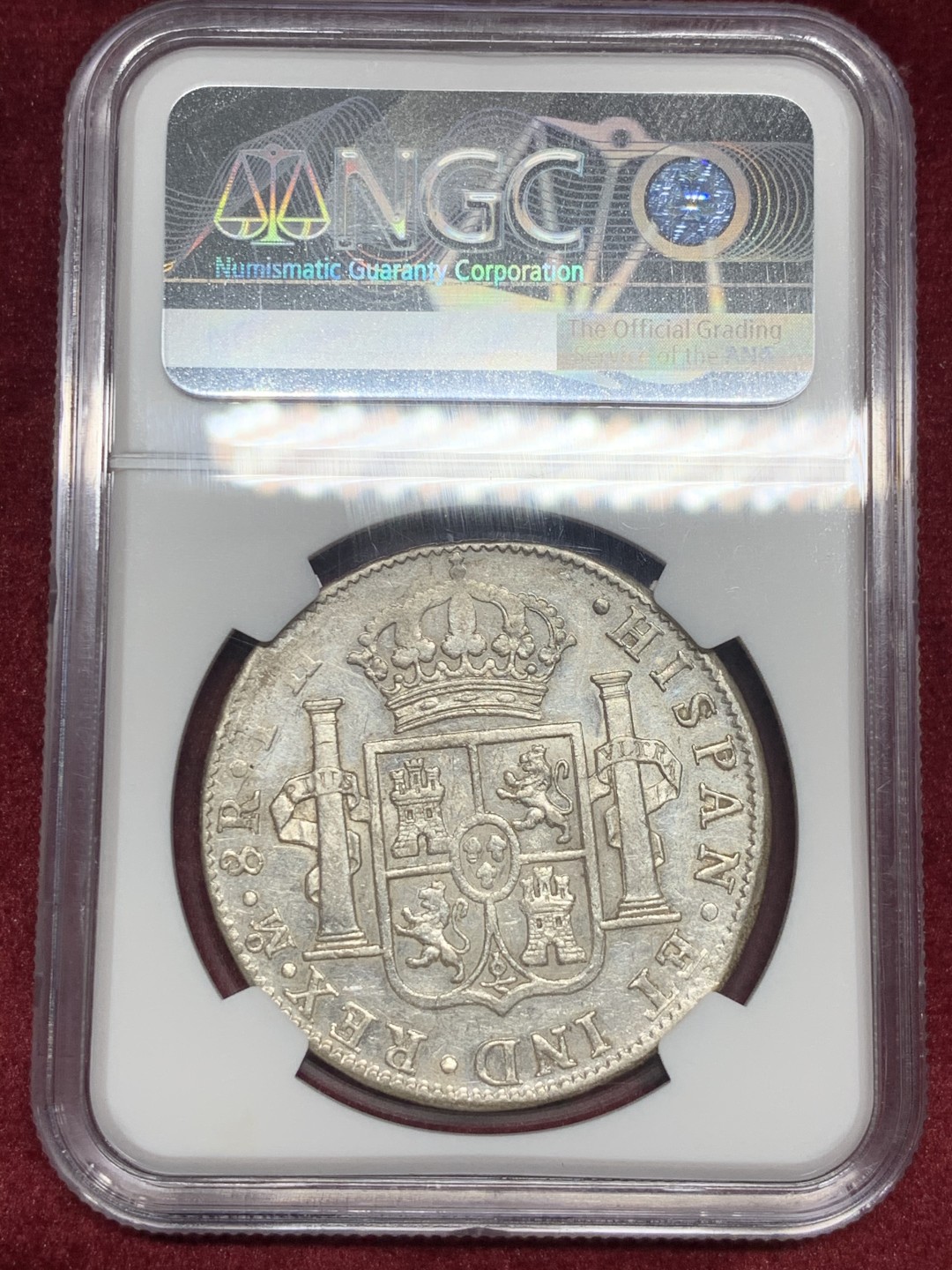 《竞宝斋》第59场-本周日，周一2场连拍（全场不限金额包邮） NGC-AU58 墨西哥双柱 卡洛斯四世 1807 8里亚尔 原味包浆 细节不错 外拍热门