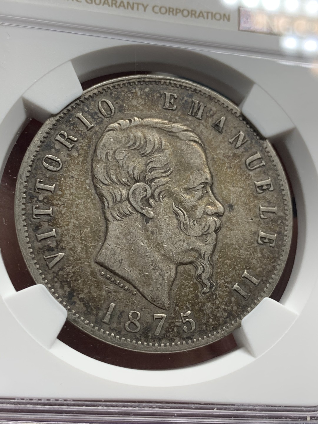 《竞宝斋》第59场-本周日，周一2场连拍（全场不限金额包邮） NGC XF45 意大利 1875年 伊曼纽尔二世 5里拉 大银币 双面深包浆 自藏好品