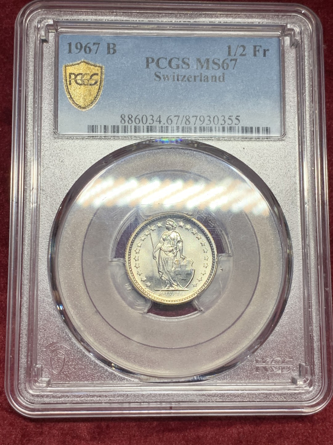 《竞宝斋》第59场-本周日，周一2场连拍（全场不限金额包邮） PCGS-MS67 瑞士1967-B 女神1/2 法郎 银币 超高分镜面光 边缘带微彩