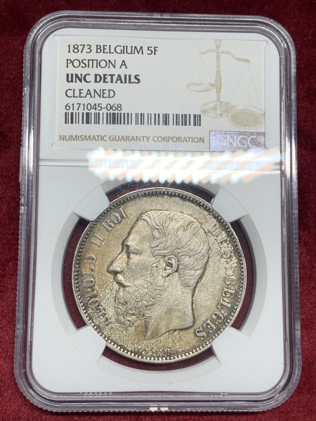 《竞宝斋》第59场-本周日，周一2场连拍（全场不限金额包邮） NGC UNC 深彩包浆  比利时 1873年 利奥波德二世 5法郎 大银币