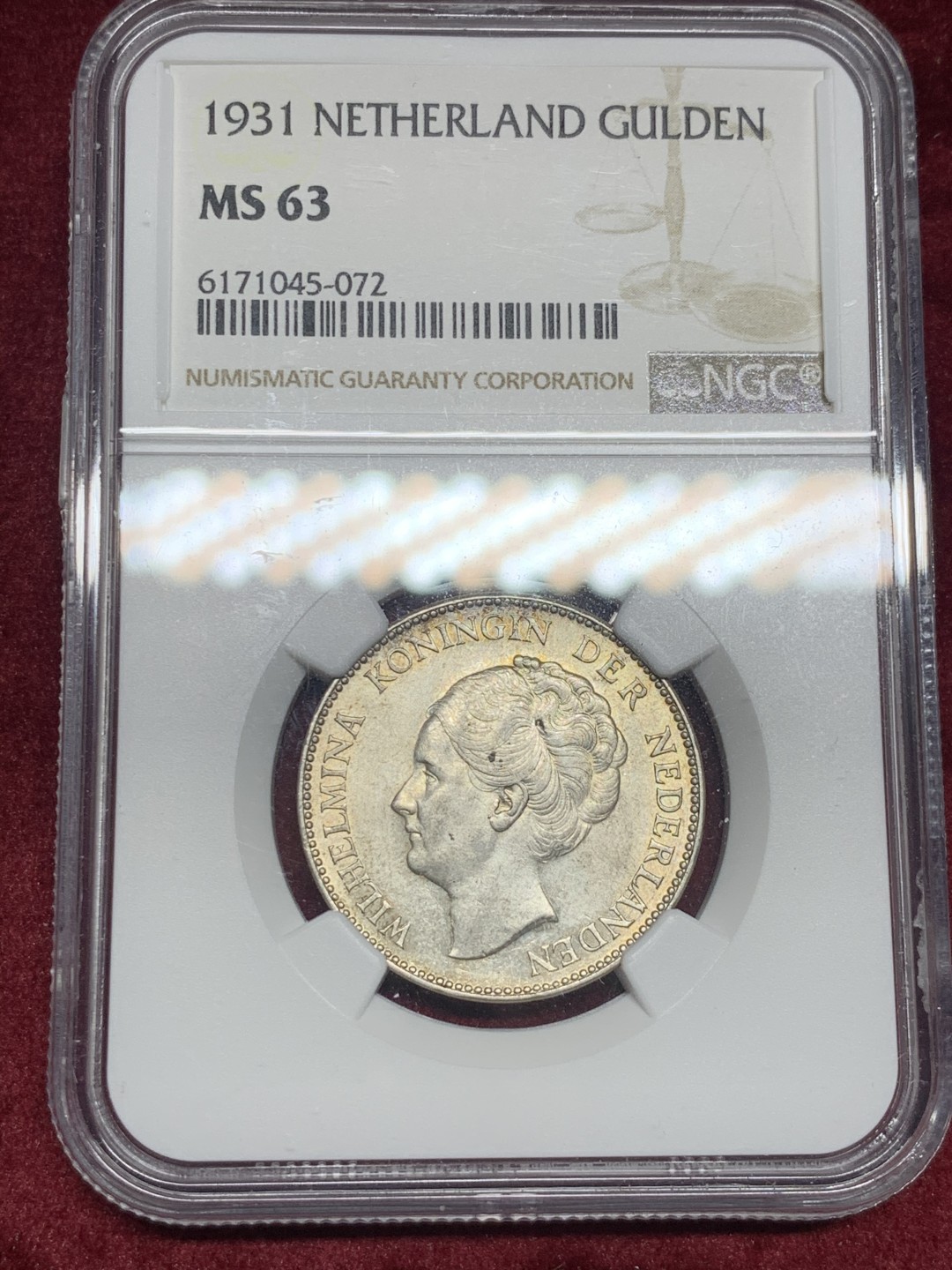 《竞宝斋》第59场-本周日，周一2场连拍（全场不限金额包邮） NGC MS63 季军分  难得细节威廉明娜 女王 荷兰 1931年 1G 银币 细节好，包浆彩