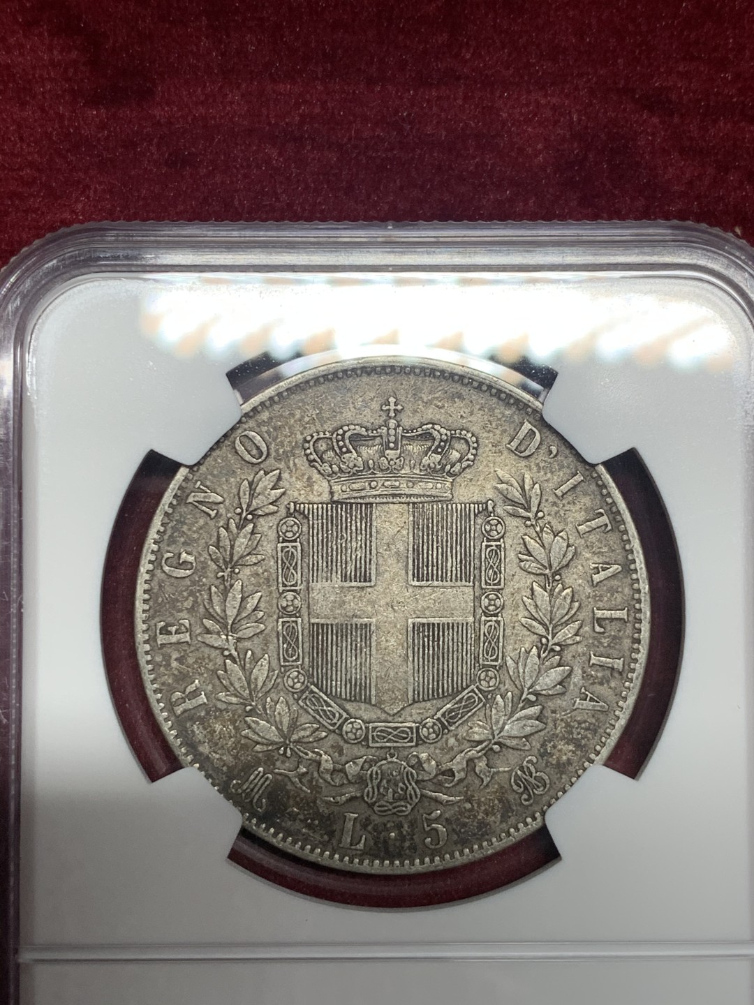 《竞宝斋》第59场-本周日，周一2场连拍（全场不限金额包邮） NGC XF45 意大利 1875年 伊曼纽尔二世 5里拉 大银币 双面深包浆 自藏好品