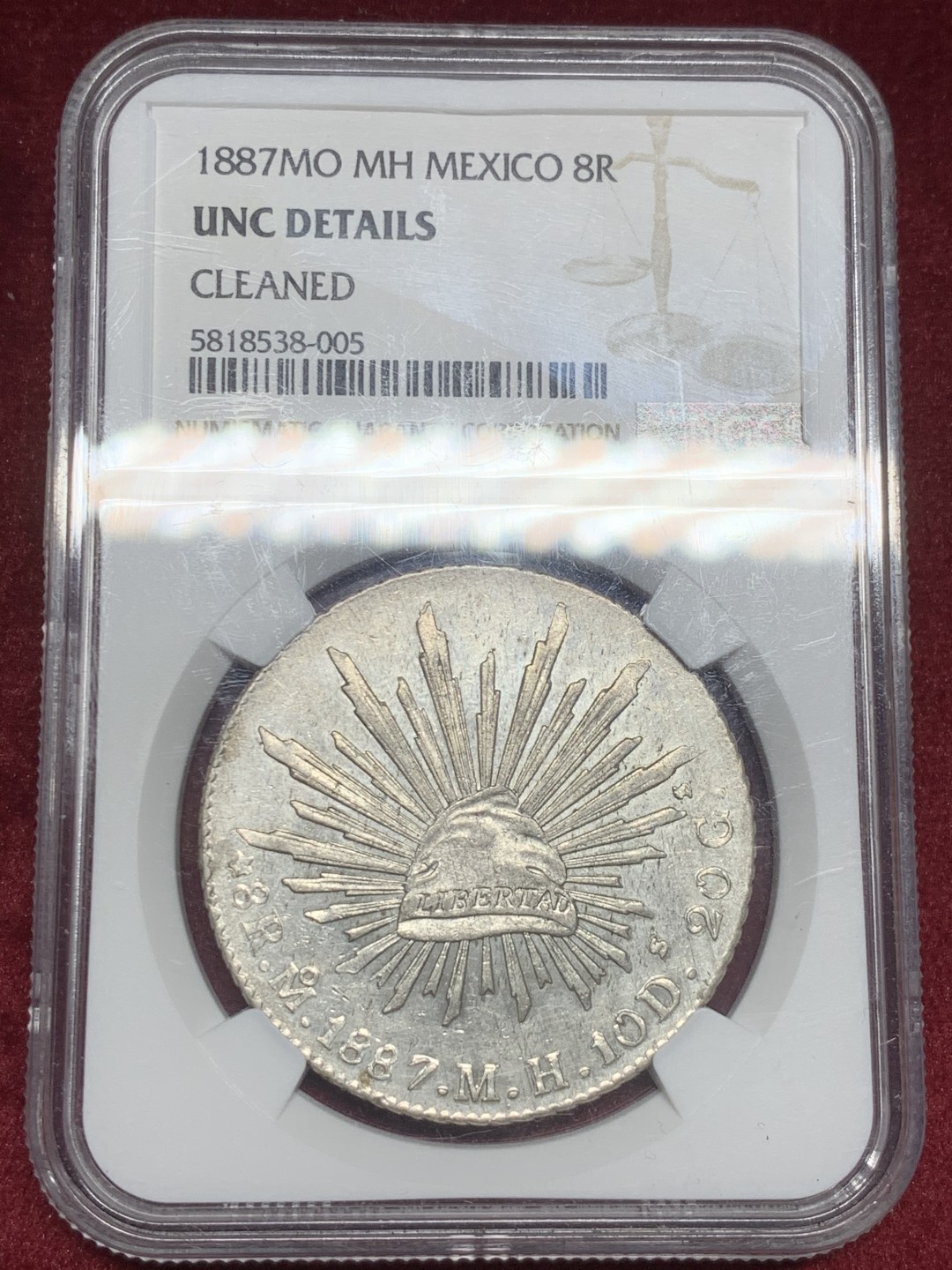 《竞宝斋》第59场-本周日，周一2场连拍（全场不限金额包邮） NGC-UNCD 墨西哥 1887年 8瑞尔 花边鹰洋 无戳好品！