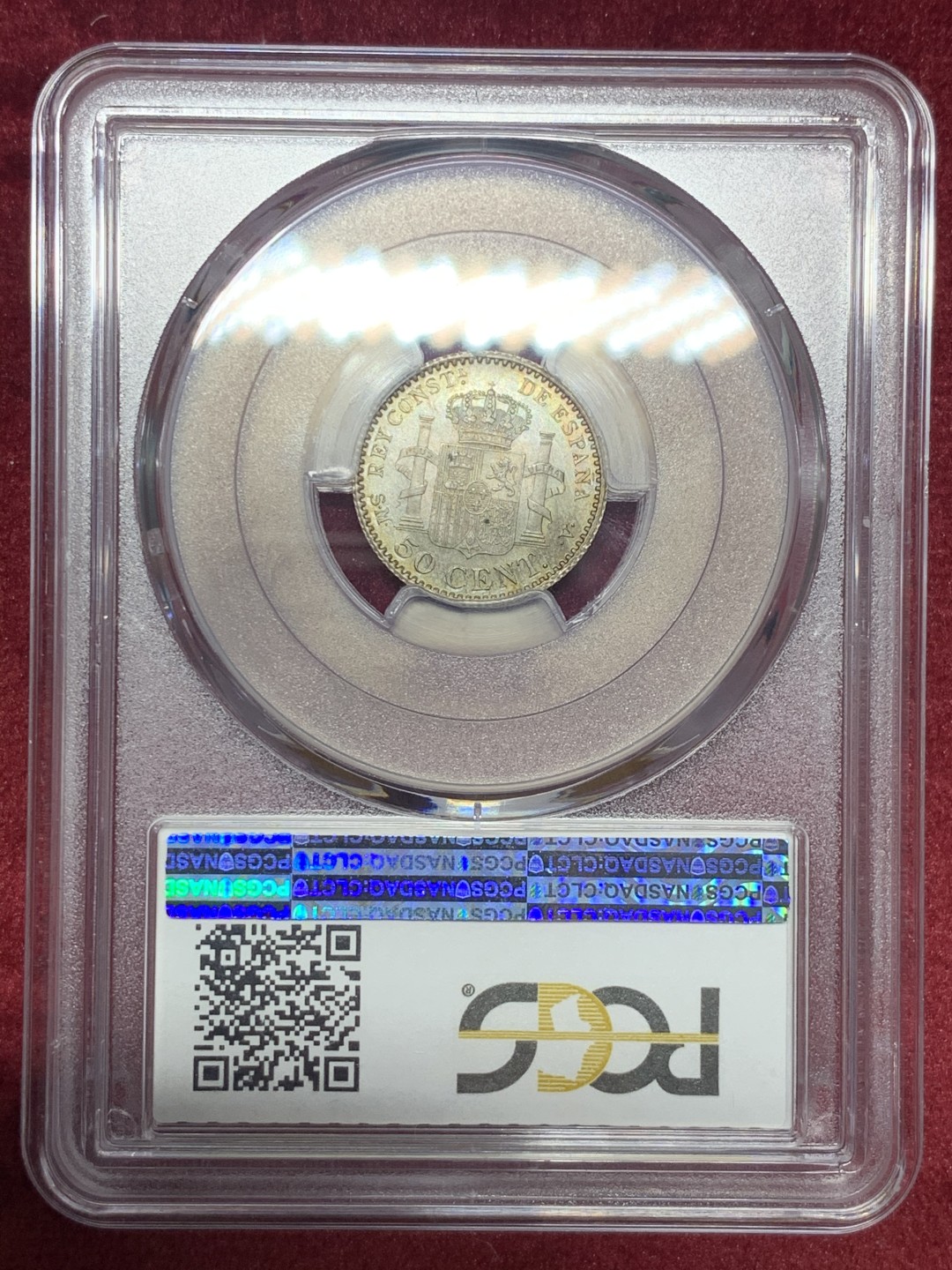 《竞宝斋》第59场-本周日，周一2场连拍（全场不限金额包邮） 亚军分 PCGS-MS65  无敌五彩包浆  西班牙 1904年 阿方索十三世 50C 银币