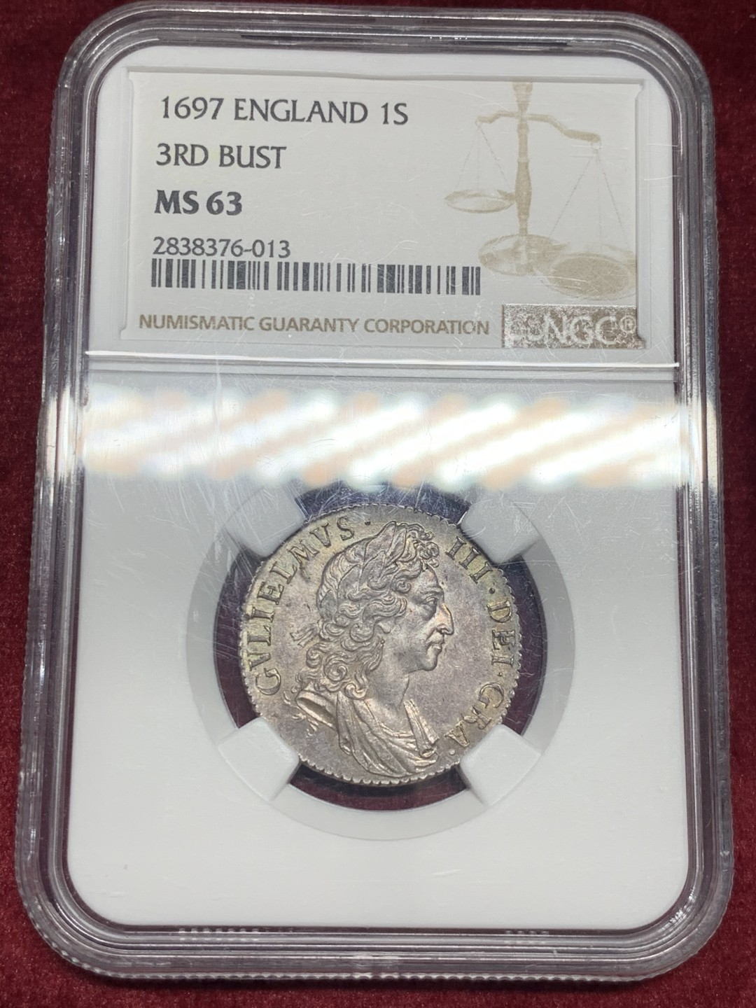 《竞宝斋》第59场-本周日，周一2场连拍（全场不限金额包邮） NGC-MS63 英国 1697年 1先令 银币 紫灰色包浆，双面深打，细节完美，同分中的战斗机