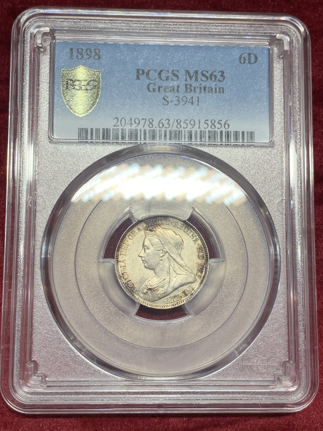 《竞宝斋》第59场-本周日，周一2场连拍（全场不限金额包邮） PCGS MS63 英国 1898年 维多利亚女王 批纱版 6便士银币 背面为数字计值 不多见版本