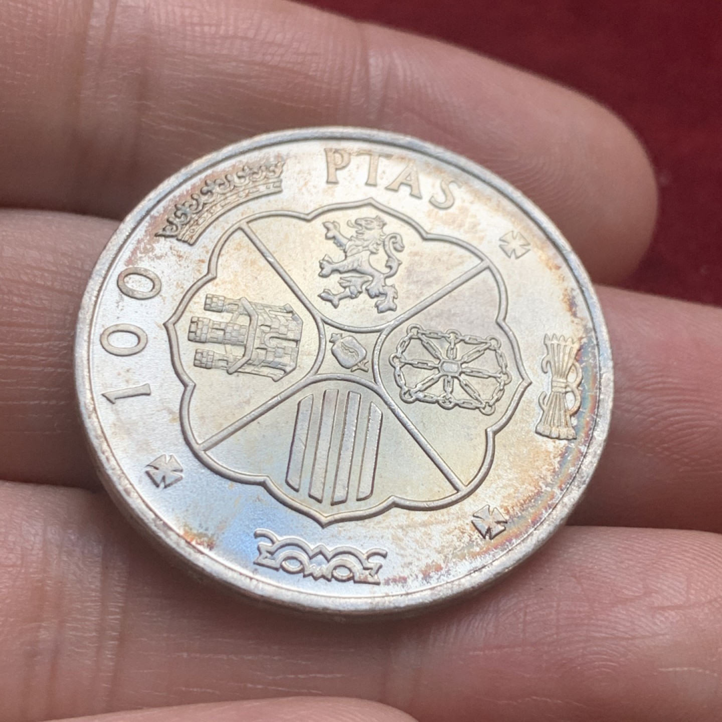 《竞宝斋》第59场-本周日，周一2场连拍（全场不限金额包邮） 西班牙 1966年 星星68 佛朗哥 100比塞塔 五彩拆卷 大银币 19克