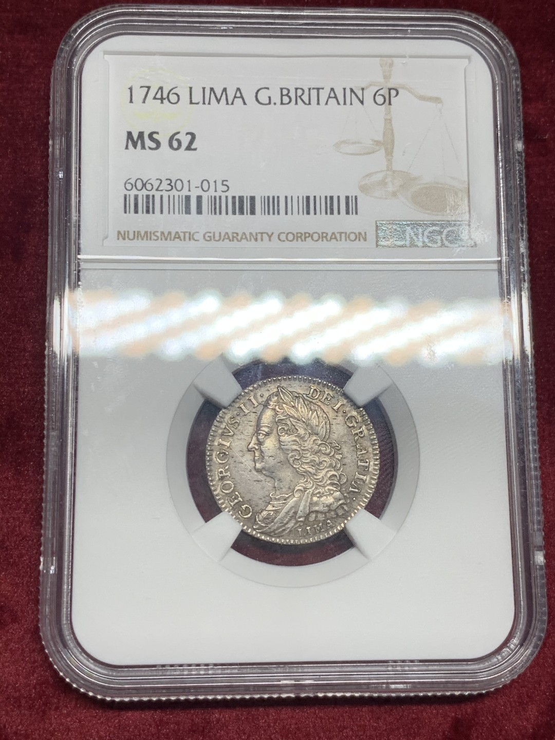 《竞宝斋》第59场-本周日，周一2场连拍（全场不限金额包邮） NGC-MS62 1746年英国乔治二世6便士银币 LIMA版，热门收藏，老包浆，打制佳