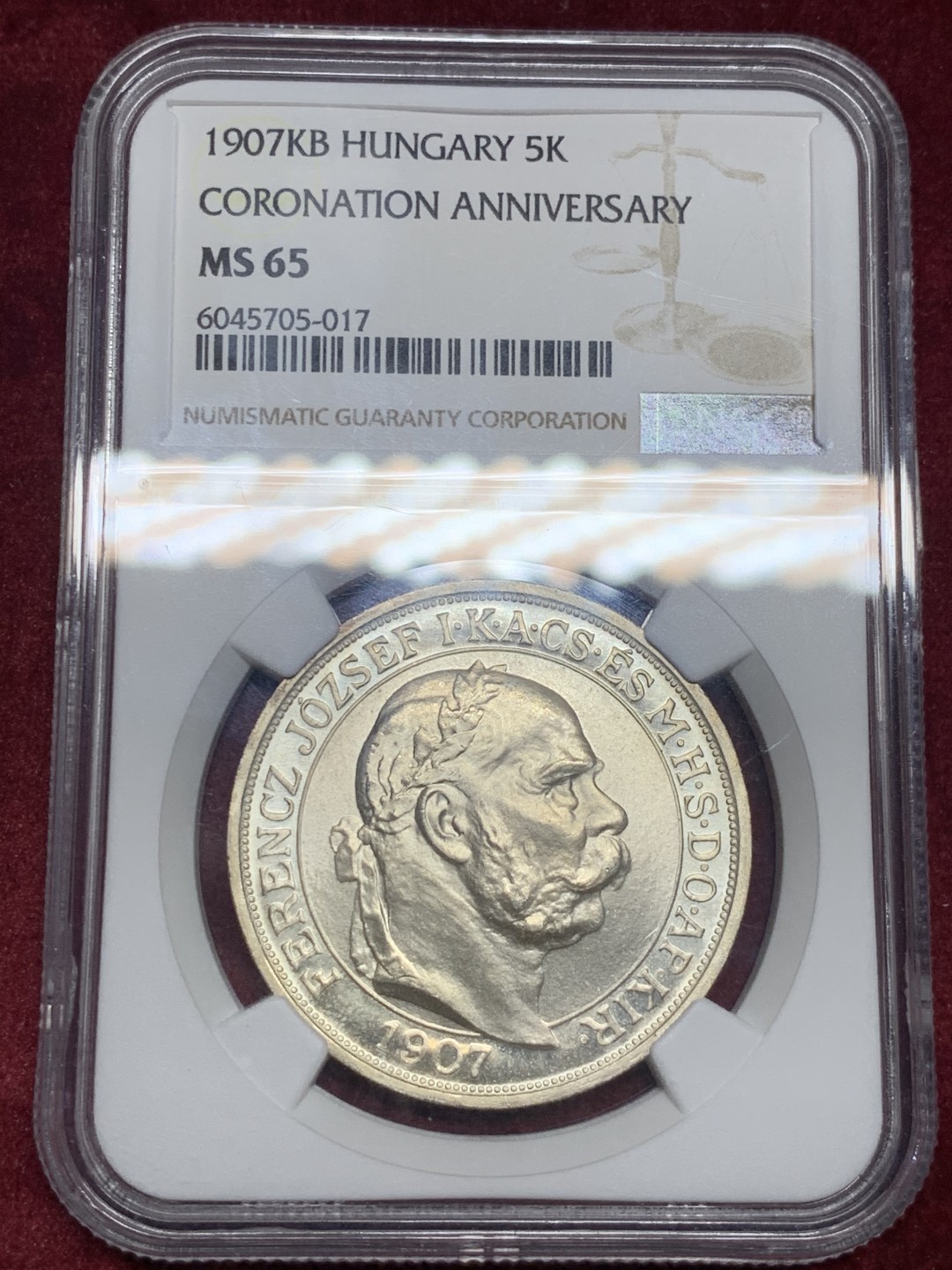《竞宝斋》第59场-本周日，周一2场连拍（全场不限金额包邮） NGC-MS65 匈牙利1907KB 5克朗 加冕纪念银币 更高分只有4枚 高评级品像
