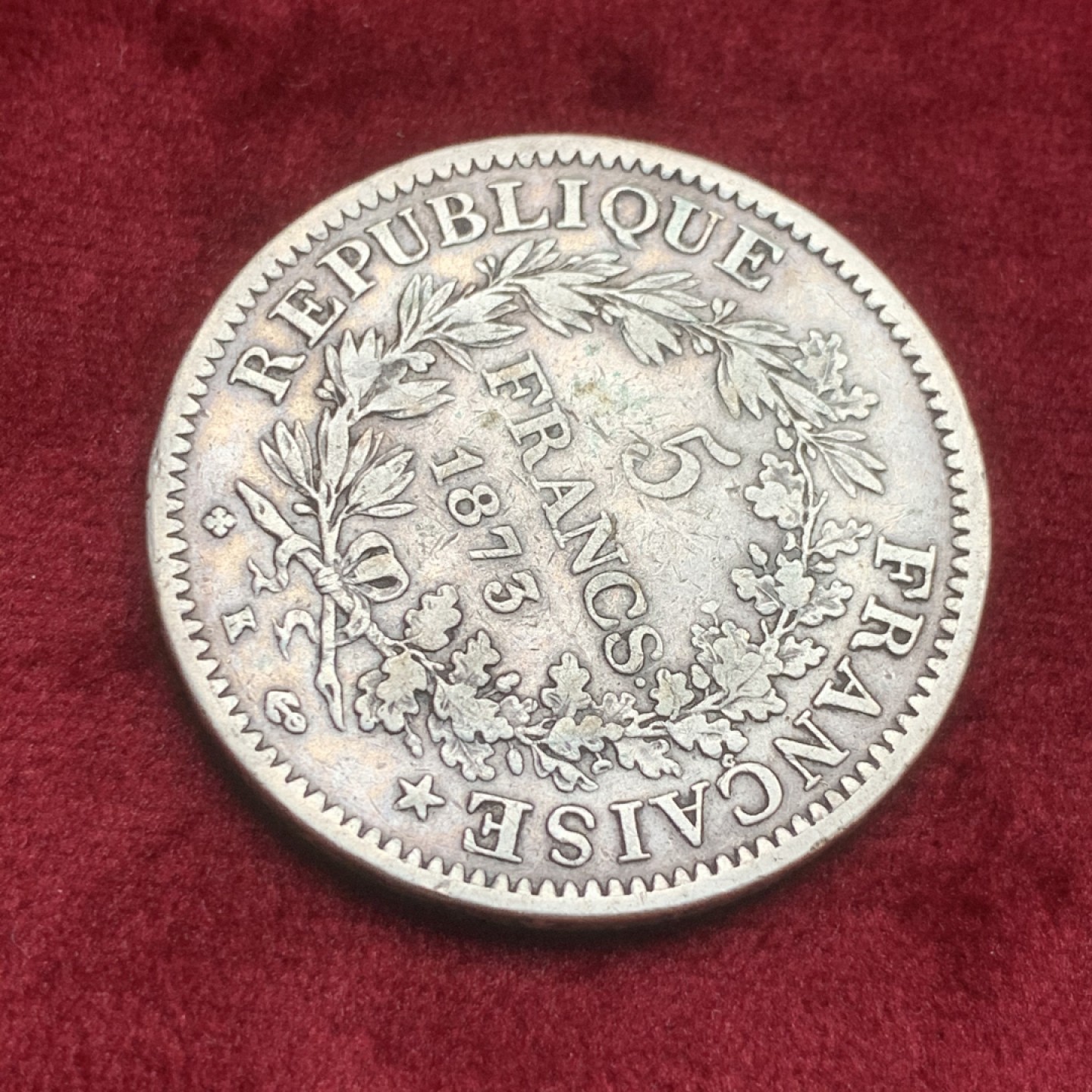 《竞宝斋》第59场-本周日，周一2场连拍（全场不限金额包邮） 法国1873-K年 波尔多厂 大力神5法郎 大银币 稀少厂名 跟拉菲一个地方的