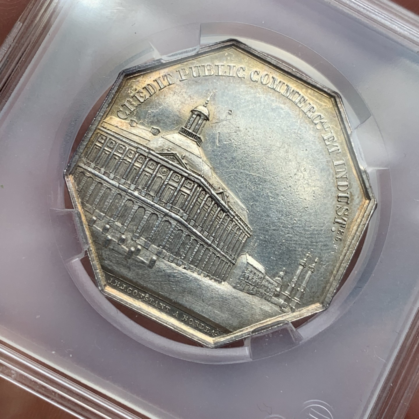 《竞宝斋》第59场-本周日，周一2场连拍（全场不限金额包邮） 1835年法国波尔多股票公司八角银制代币  重量：18.9g  边铭：手指银标 