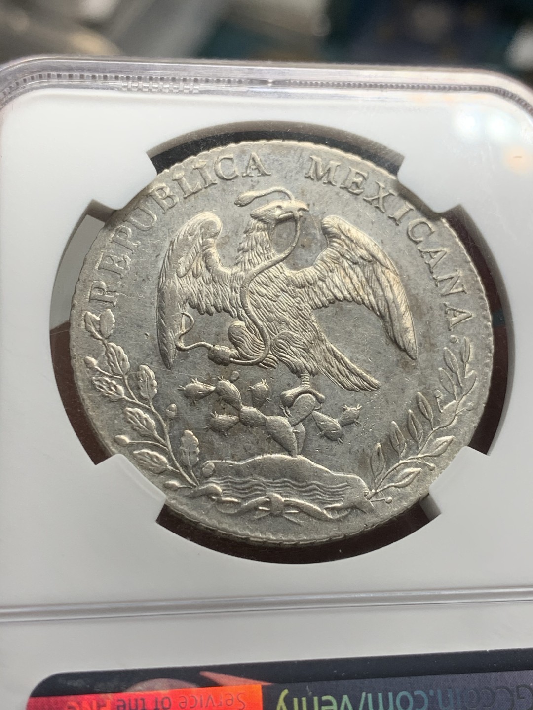 《竞宝斋》第59场-本周日，周一2场连拍（全场不限金额包邮） NGC-UNCD 墨西哥 1887年 8瑞尔 花边鹰洋 无戳好品！