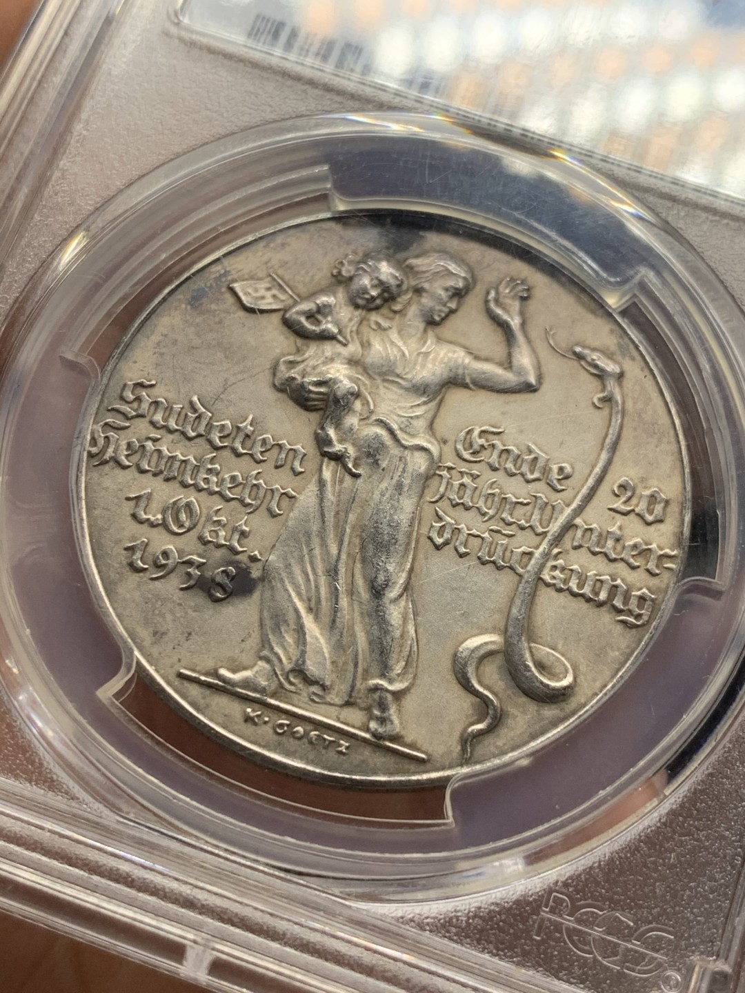 《竞宝斋》第59场-本周日，周一2场连拍（全场不限金额包邮） PCGS SP63 德国 1938年 德国攻占苏台德地区纪念银章 卡茨二战名誉品章 经典设计 正面有讽刺意味 该章应该不用多介绍 懂的都懂 卡茨章持续上涨品种