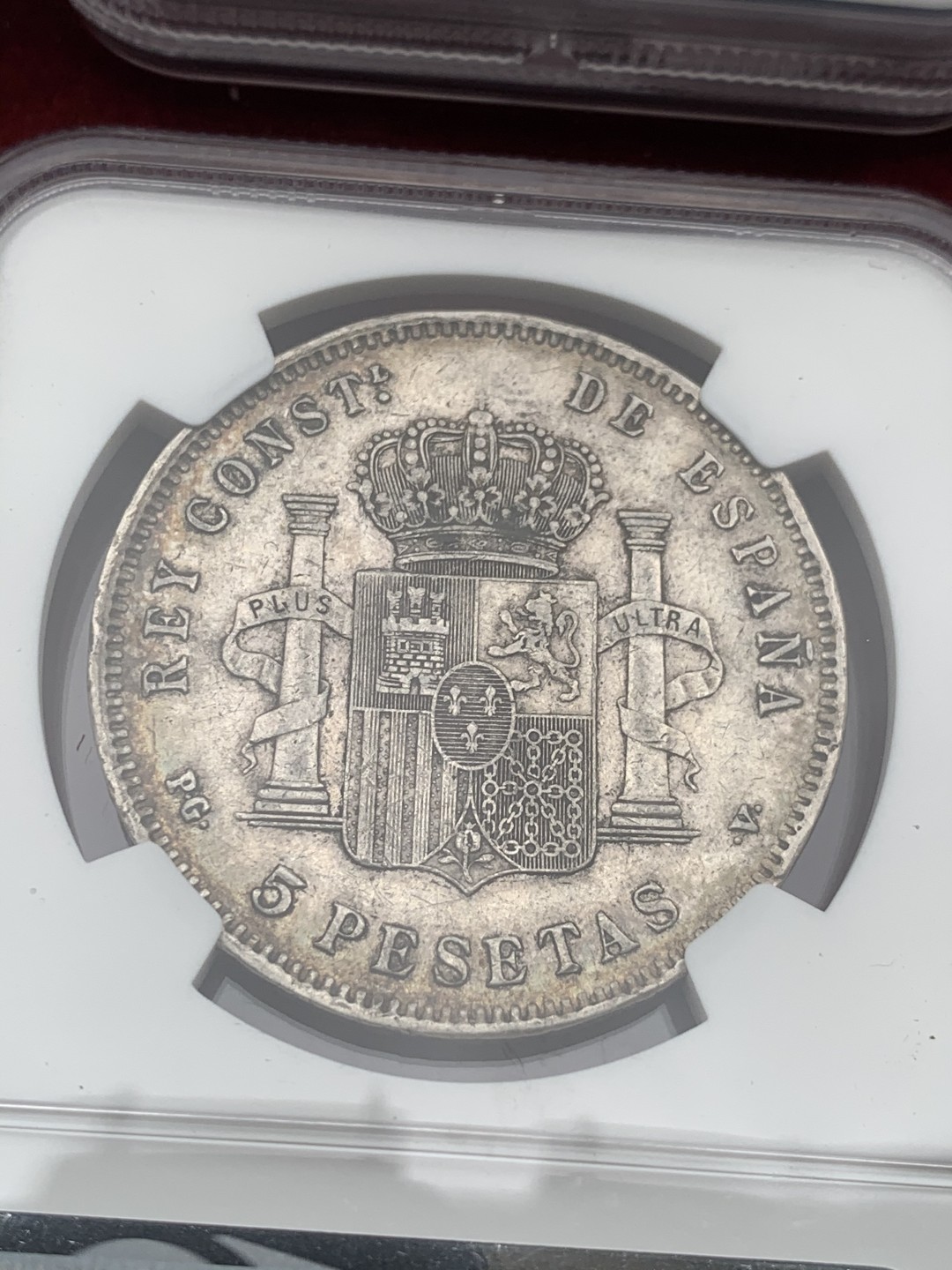 《竞宝斋》第59场-本周日，周一2场连拍（全场不限金额包邮） NGC-XF45原味包浆 西班牙5 比塞塔 8枚大全套一套 同分近状态 一次搞定