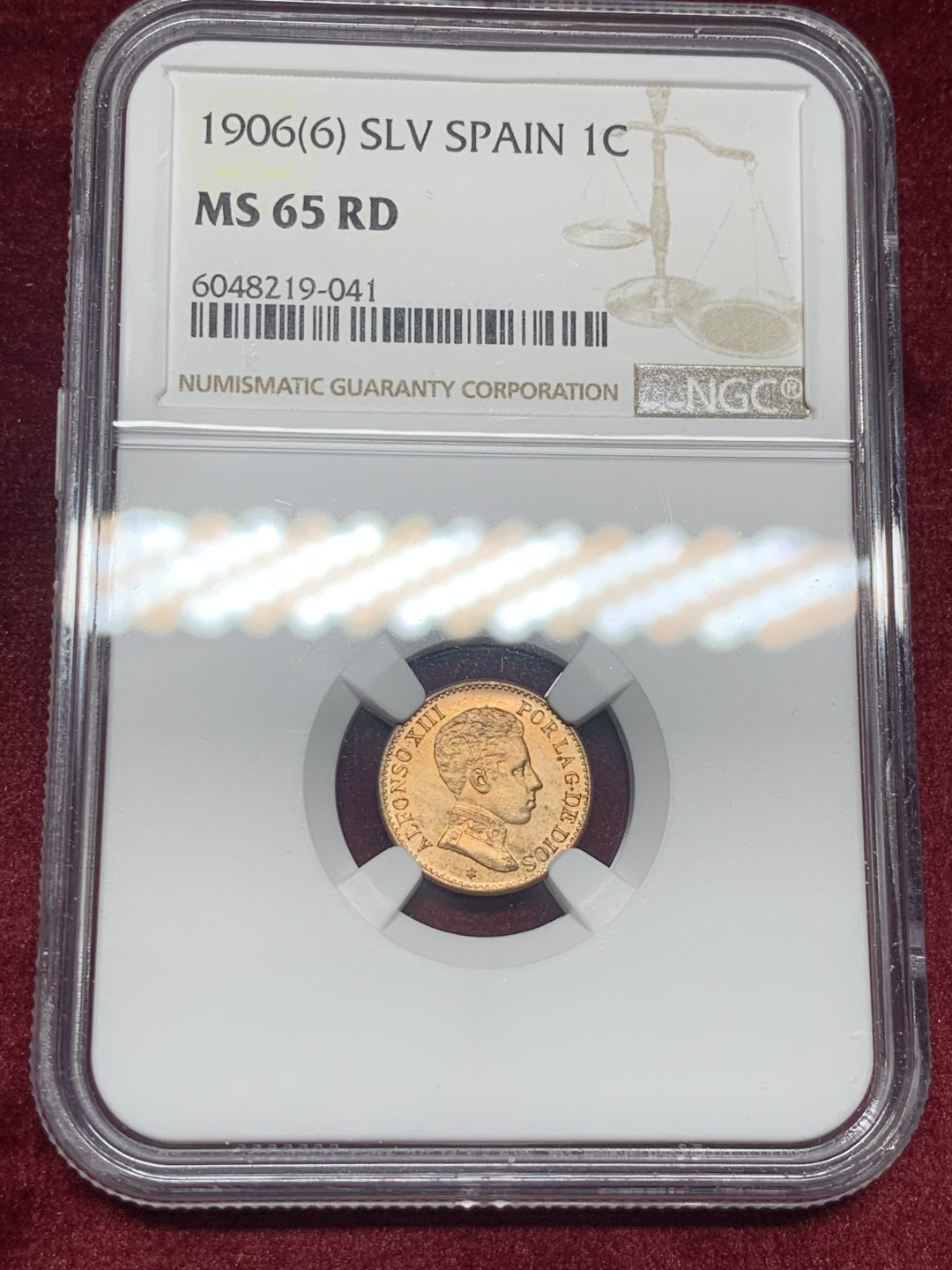 《竞宝斋》第59场-本周日，周一2场连拍（全场不限金额包邮） 亚军分 NGC-MS65 RD  顶级状态 西班牙 1906年 阿方索十三世 1C 铜币