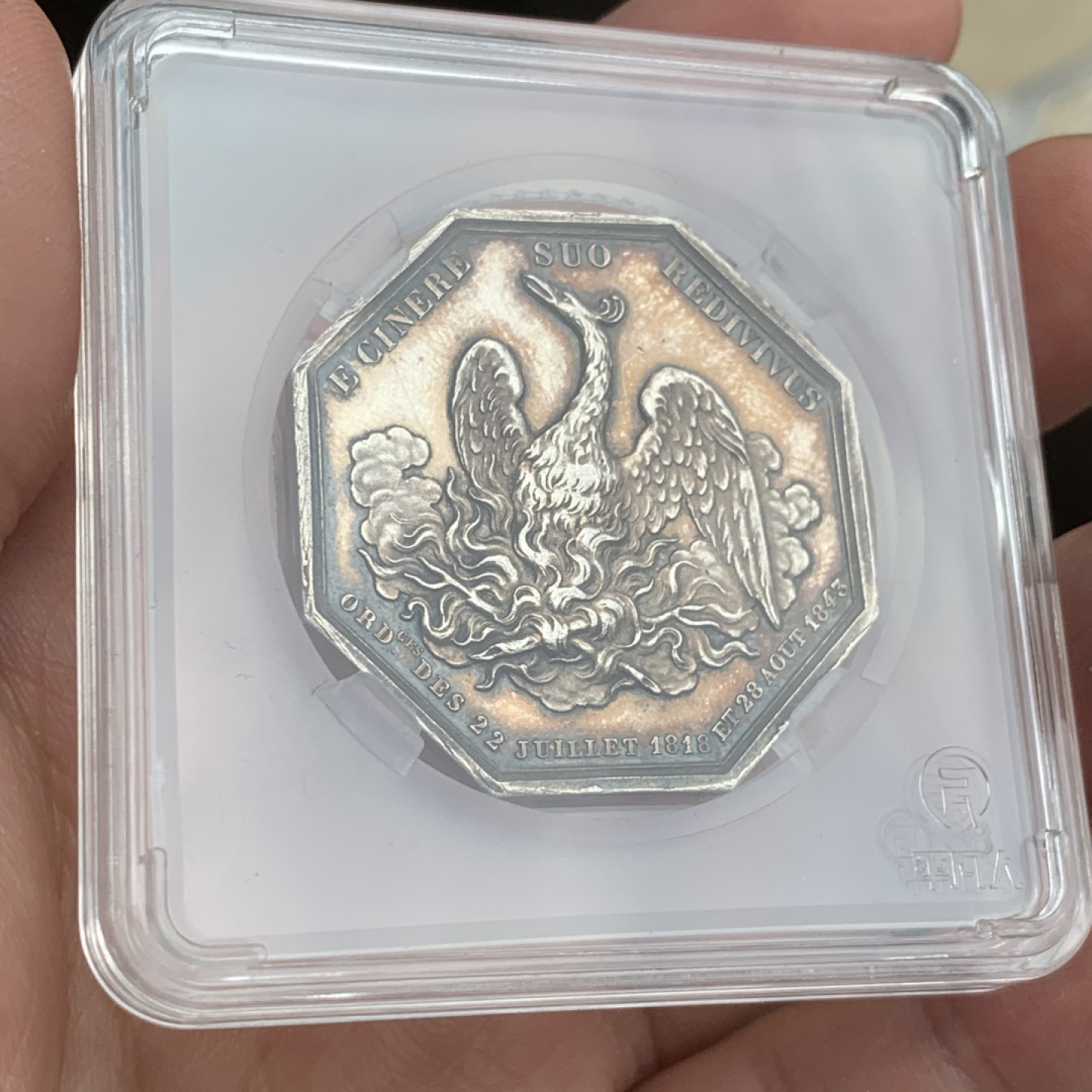 《竞宝斋》第59场-本周日，周一2场连拍（全场不限金额包邮） 1818年法国塞纳河火灾保险八角银制代币  重量：23g  边铭：蜜蜂银标  