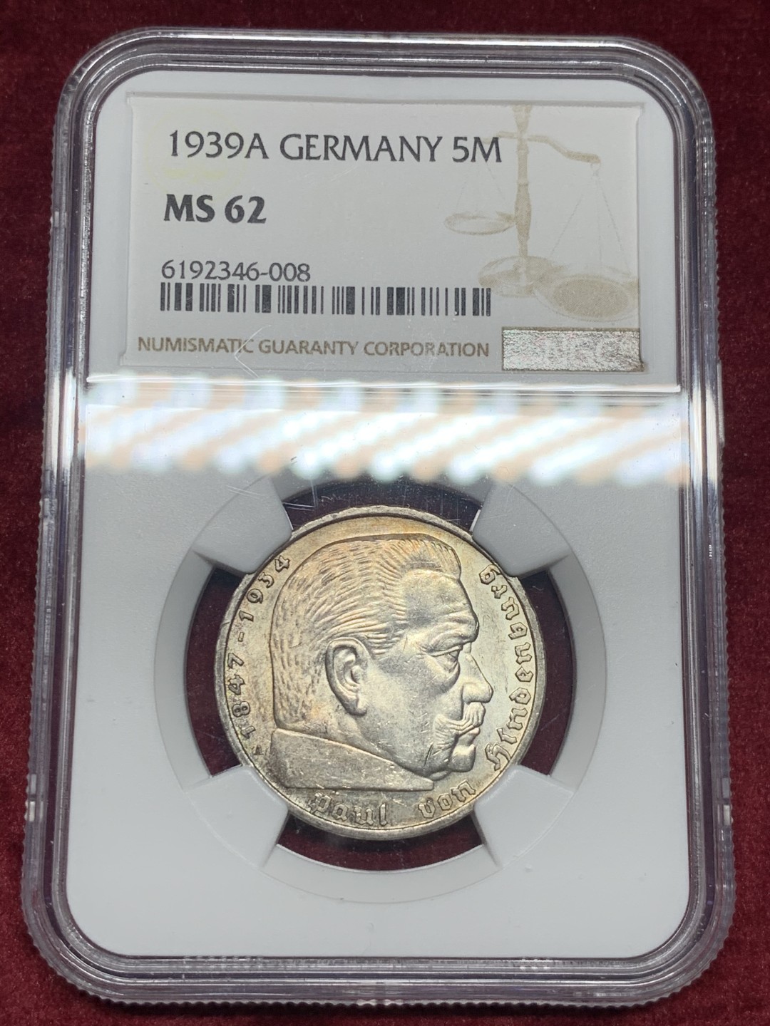 《竞宝斋》第59场-本周日，周一2场连拍（全场不限金额包邮） NGC MS62 德国1939 A版 5马克 深彩包浆 上分不容易