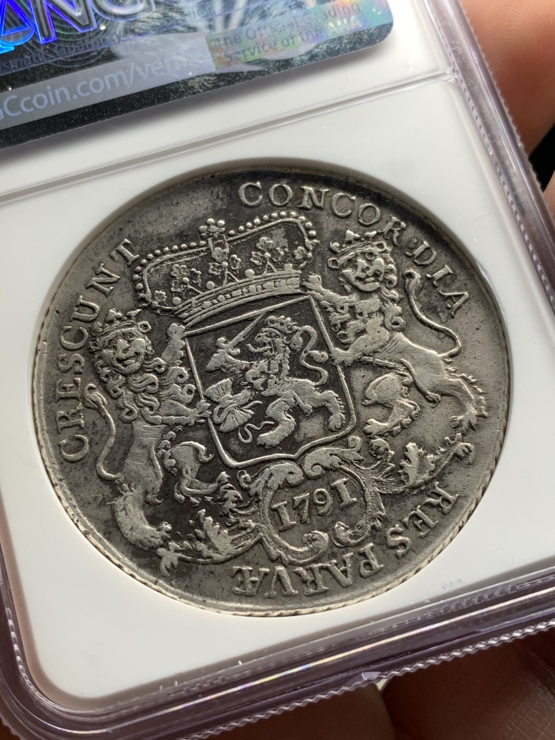 《竞宝斋》第59场-本周日，周一2场连拍（全场不限金额包邮） NGC-AU 荷兰 1791/0年  骑字版 西弗里斯兰 大马剑 银币 正反深打高品好细节 骑士脸部清晰 不多见的省