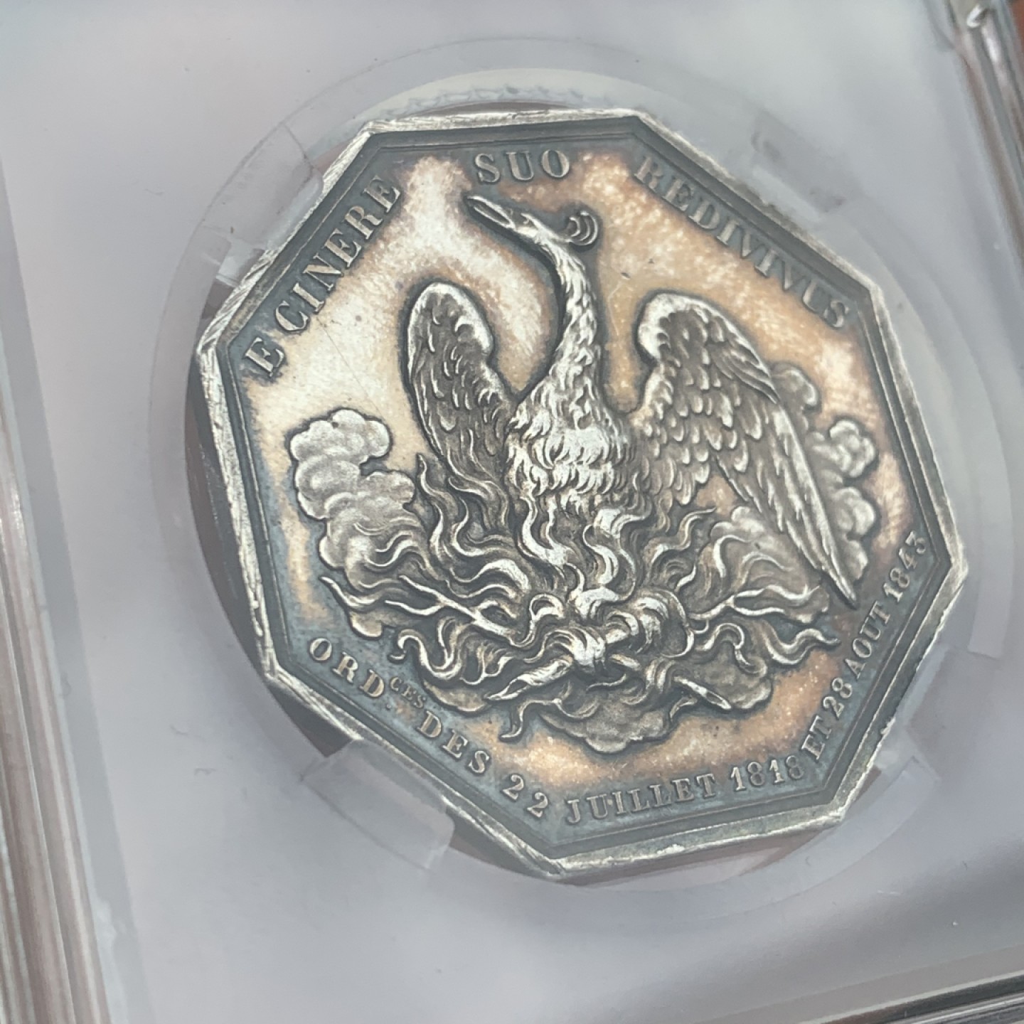 《竞宝斋》第59场-本周日，周一2场连拍（全场不限金额包邮） 1818年法国塞纳河火灾保险八角银制代币  重量：23g  边铭：蜜蜂银标  