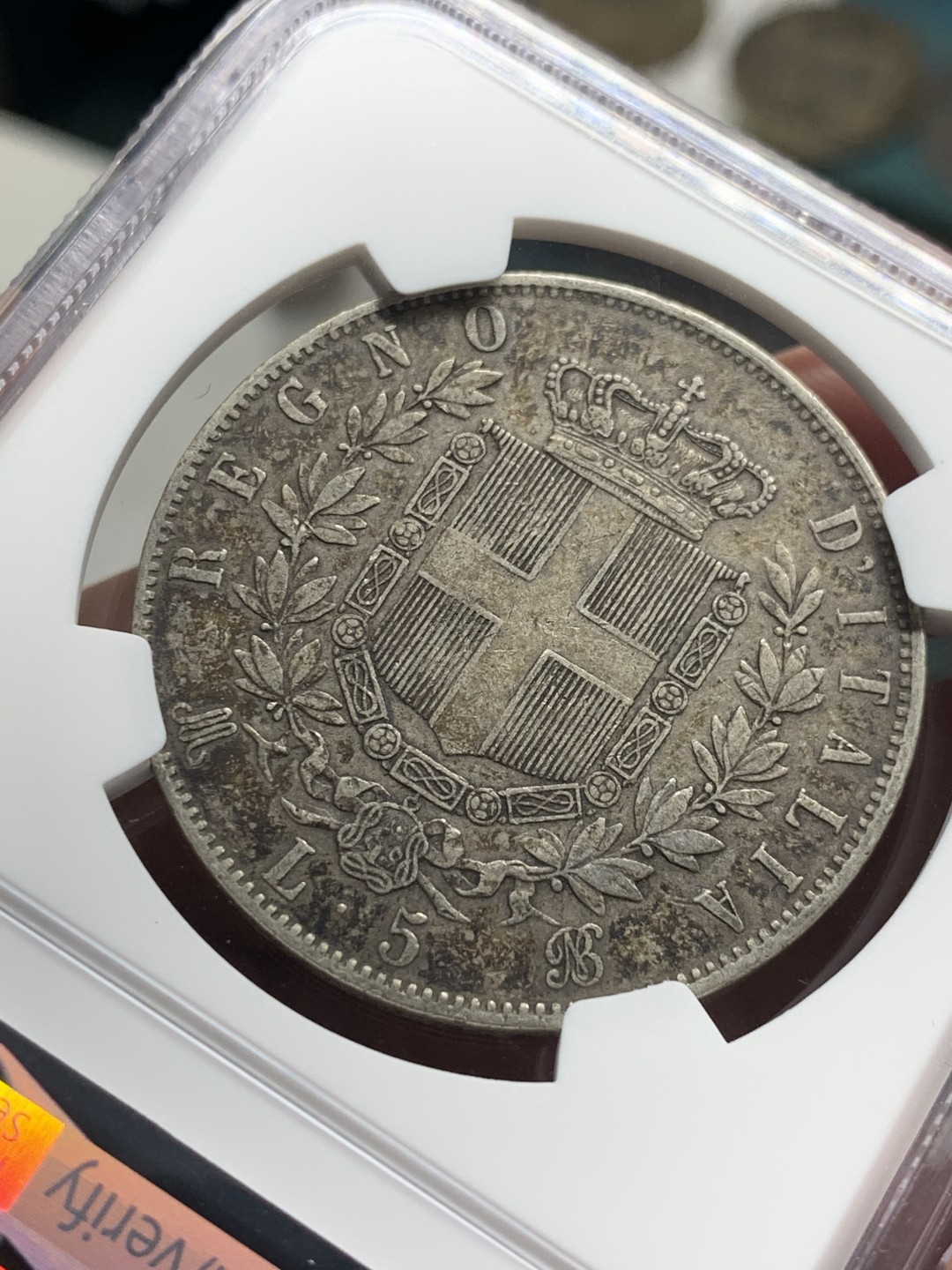 《竞宝斋》第59场-本周日，周一2场连拍（全场不限金额包邮） NGC XF45 意大利 1875年 伊曼纽尔二世 5里拉 大银币 双面深包浆 自藏好品