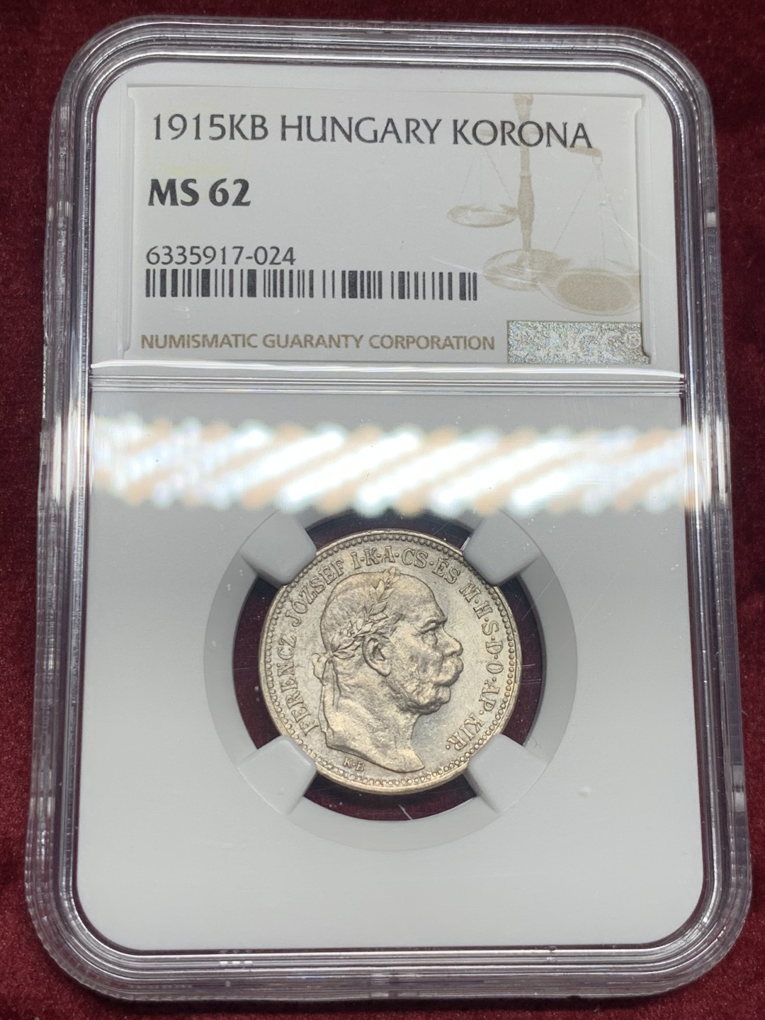 《竞宝斋》第59场-本周日，周一2场连拍（全场不限金额包邮） NGC-MS62 匈牙利 1915年 歪皇冠 1克朗银币 淡彩高细节