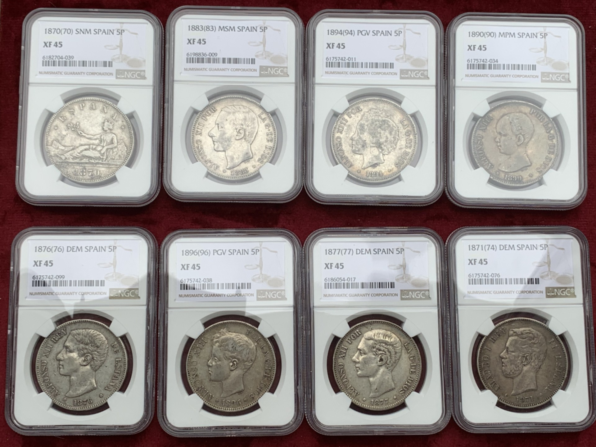 《竞宝斋》第59场-本周日，周一2场连拍（全场不限金额包邮） NGC-XF45原味包浆 西班牙5 比塞塔 8枚大全套一套 同分近状态 一次搞定