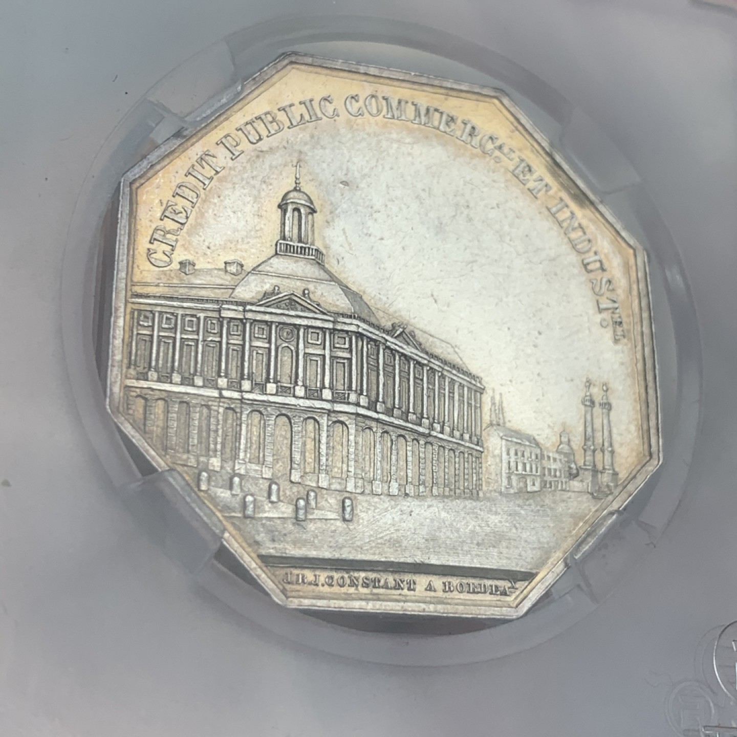 《竞宝斋》第59场-本周日，周一2场连拍（全场不限金额包邮） 1835年法国波尔多股票公司八角银制代币  重量：18.9g  边铭：手指银标 