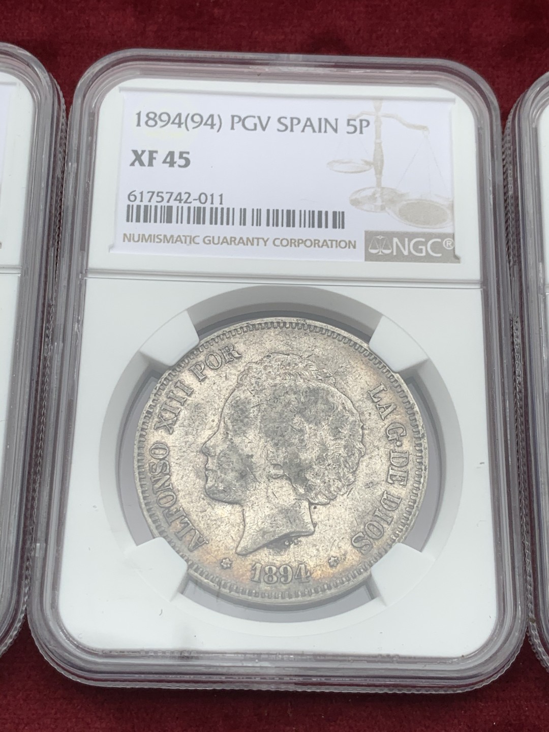 《竞宝斋》第59场-本周日，周一2场连拍（全场不限金额包邮） NGC-XF45原味包浆 西班牙5 比塞塔 8枚大全套一套 同分近状态 一次搞定