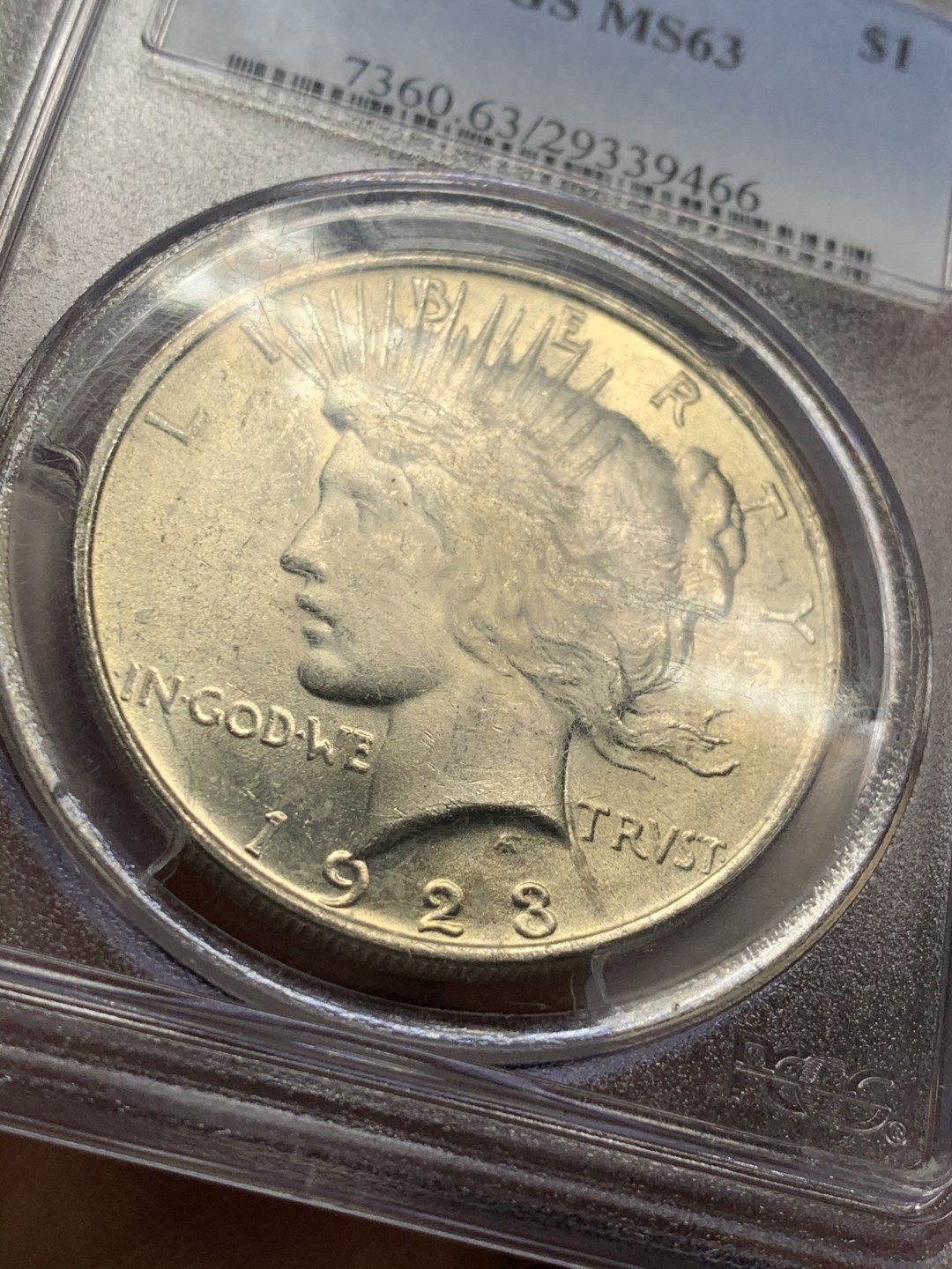 《竞宝斋》第59场-本周日，周一2场连拍（全场不限金额包邮） PCGS MS63 美国 1923年 和平银币 光感好 清爽干净 状态舒服 正反面盒子支撑点有磕 详细见图