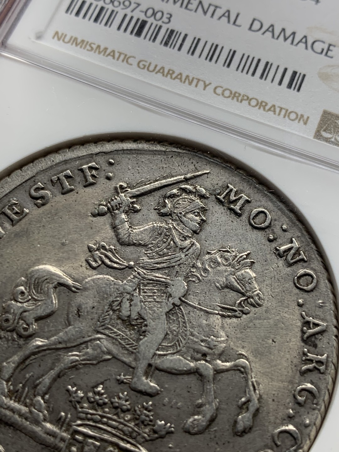 《竞宝斋》第59场-本周日，周一2场连拍（全场不限金额包邮） NGC-AU 荷兰 1791/0年  骑字版 西弗里斯兰 大马剑 银币 正反深打高品好细节 骑士脸部清晰 不多见的省