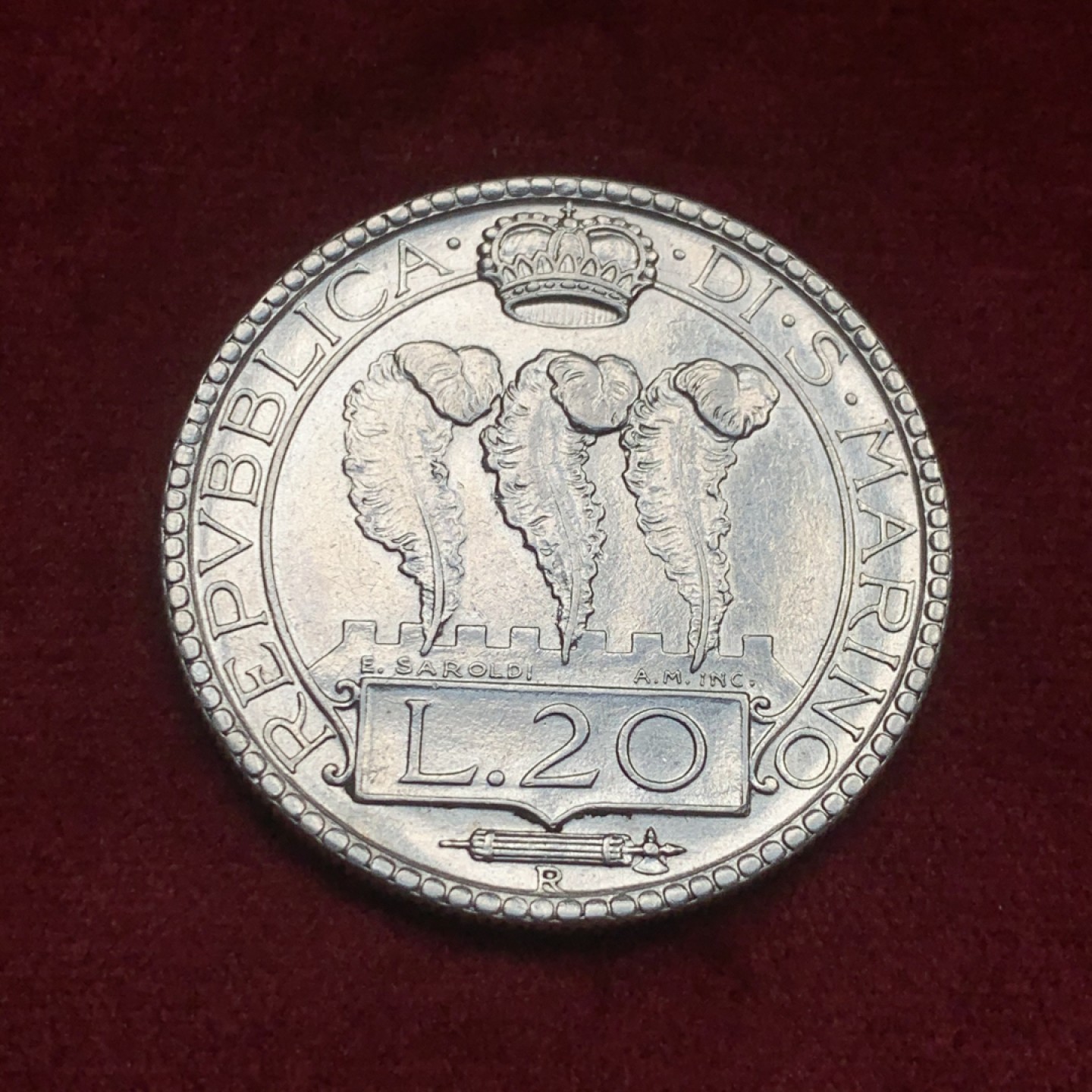 《竞宝斋》第59场-本周日，周一2场连拍（全场不限金额包邮） 圣马力诺1936年20里拉 大银币 稀少年份 发行量只有其他的一半