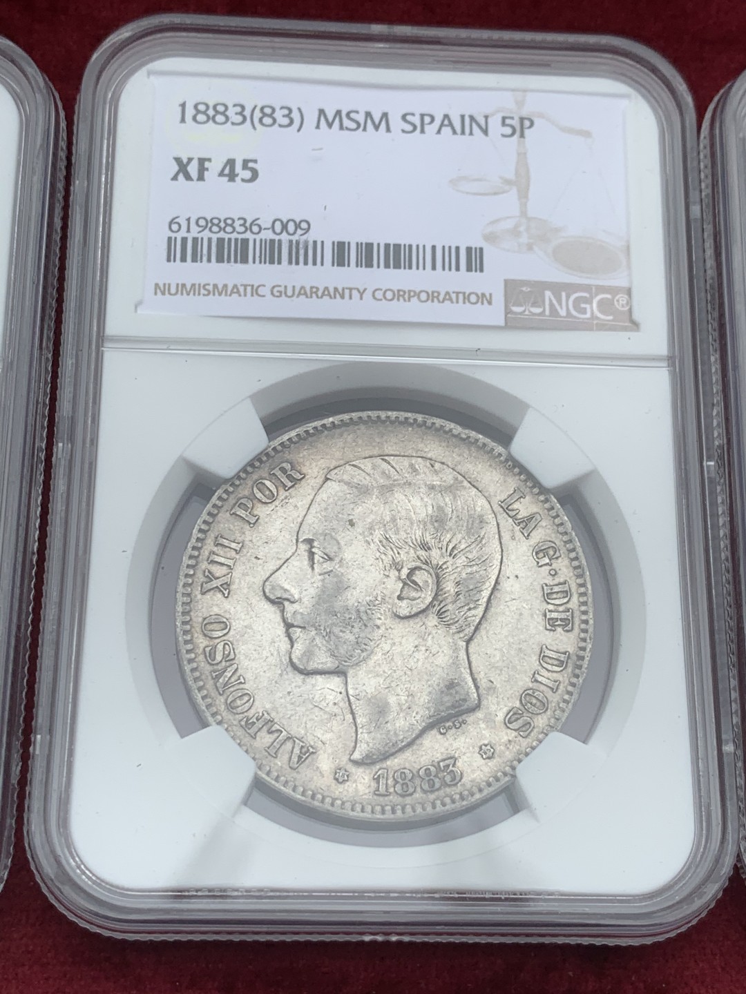 《竞宝斋》第59场-本周日，周一2场连拍（全场不限金额包邮） NGC-XF45原味包浆 西班牙5 比塞塔 8枚大全套一套 同分近状态 一次搞定