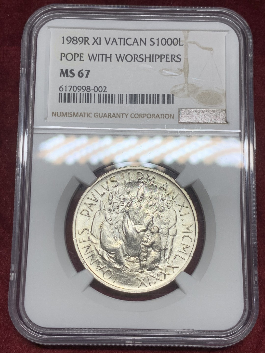 《竞宝斋》第59场-本周日，周一2场连拍（全场不限金额包邮） NGC MS67 1989R 梵蒂冈1000L银币 霜光饱满 极品难得