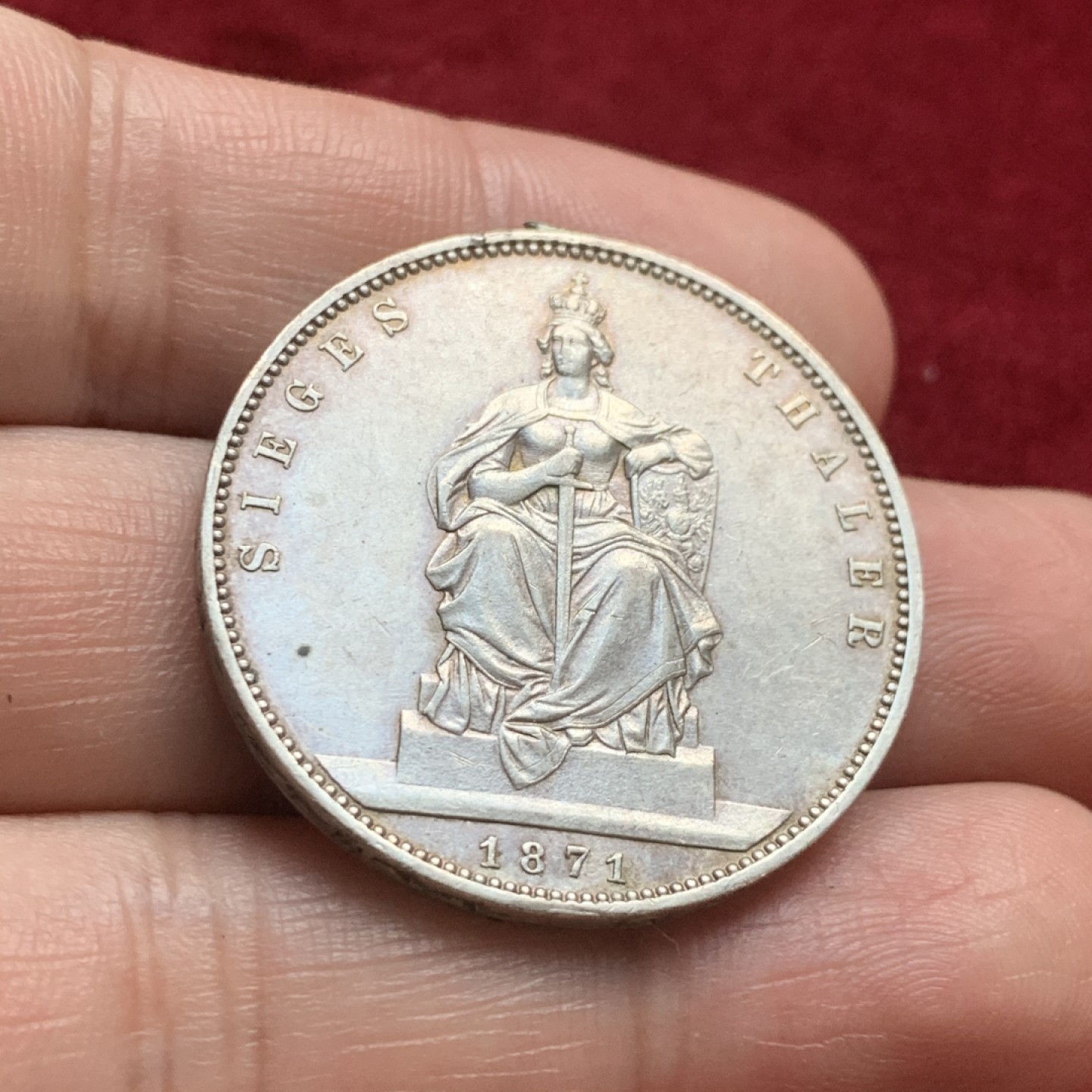 《竞宝斋》第59场-本周日，周一2场连拍（全场不限金额包邮） 德国普鲁士 1871年 纪念普法战争胜利 1泰勒 银币 12点方向有焊点