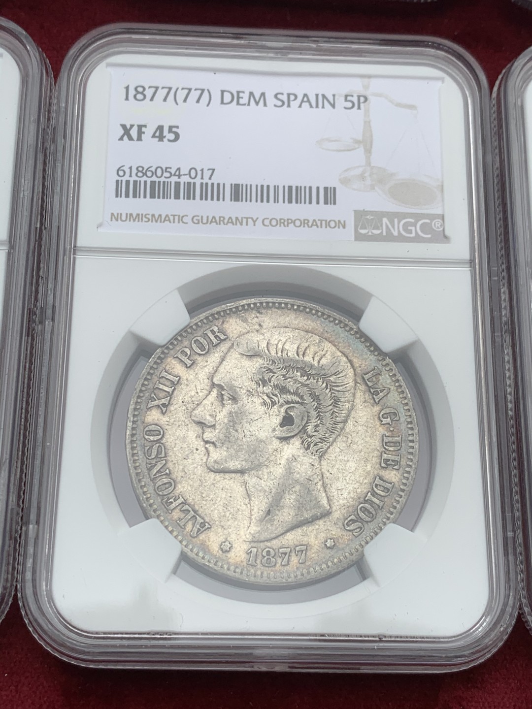 《竞宝斋》第59场-本周日，周一2场连拍（全场不限金额包邮） NGC-XF45原味包浆 西班牙5 比塞塔 8枚大全套一套 同分近状态 一次搞定