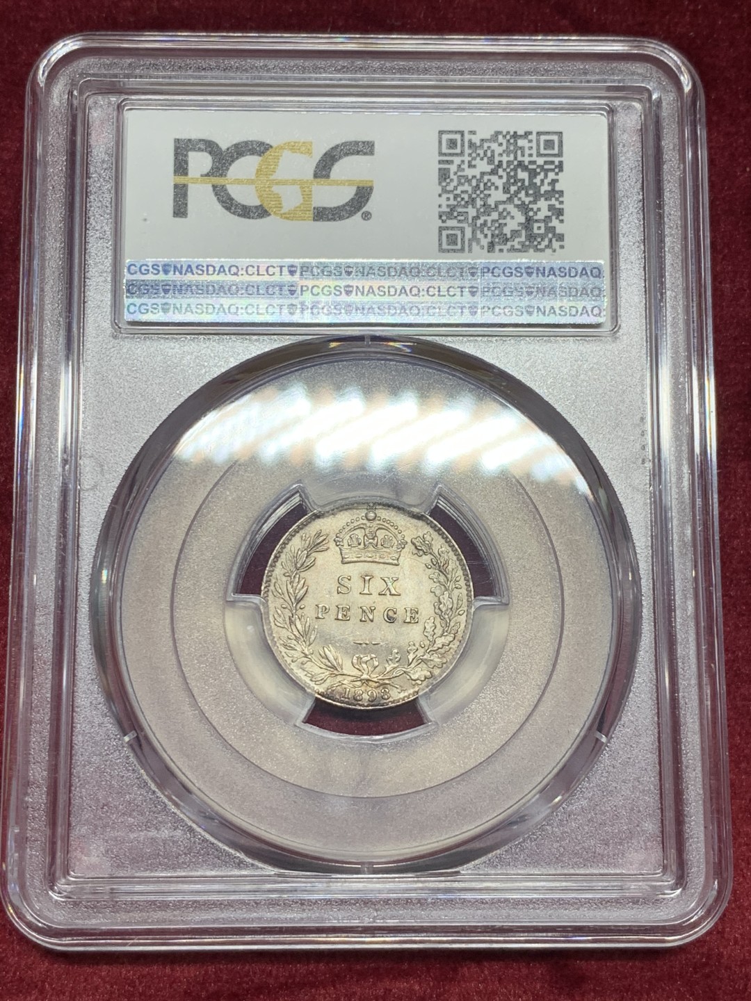 《竞宝斋》第59场-本周日，周一2场连拍（全场不限金额包邮） PCGS MS63 英国 1898年 维多利亚女王 批纱版 6便士银币 背面为数字计值 不多见版本