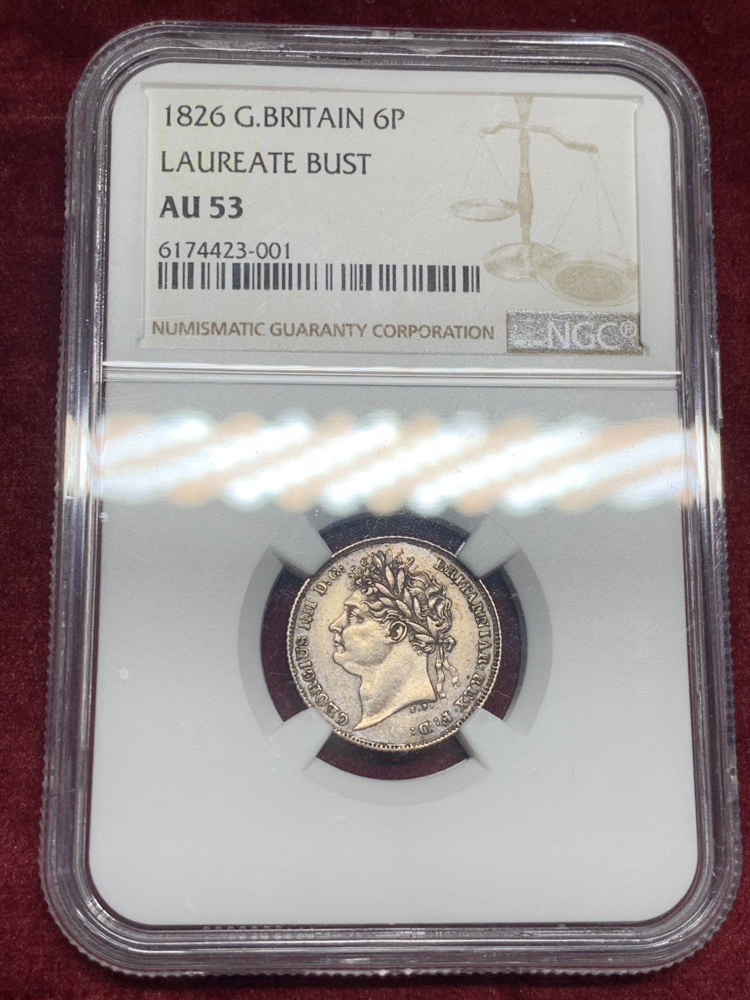 《竞宝斋》第59场-本周日，周一2场连拍（全场不限金额包邮） NGC AU53 英国1826特年 R2珍惜度 乔治四世6便士银币盾徽版 目测低评