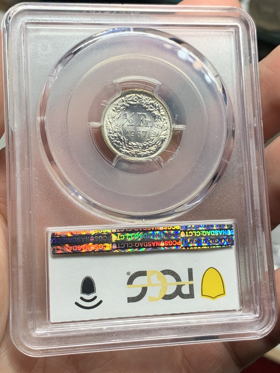 《竞宝斋》第59场-本周日，周一2场连拍（全场不限金额包邮） PCGS-MS67 瑞士1967-B 女神1/2 法郎 银币 超高分镜面光 边缘带微彩