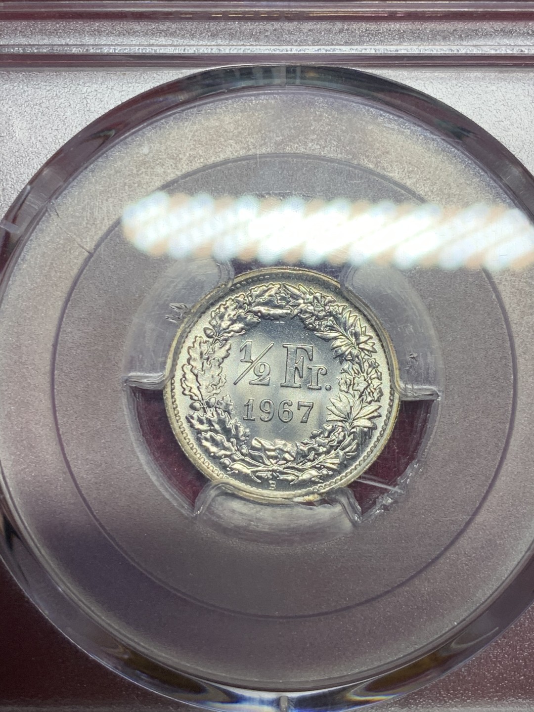 《竞宝斋》第59场-本周日，周一2场连拍（全场不限金额包邮） PCGS-MS67 瑞士1967-B 女神1/2 法郎 银币 超高分镜面光 边缘带微彩