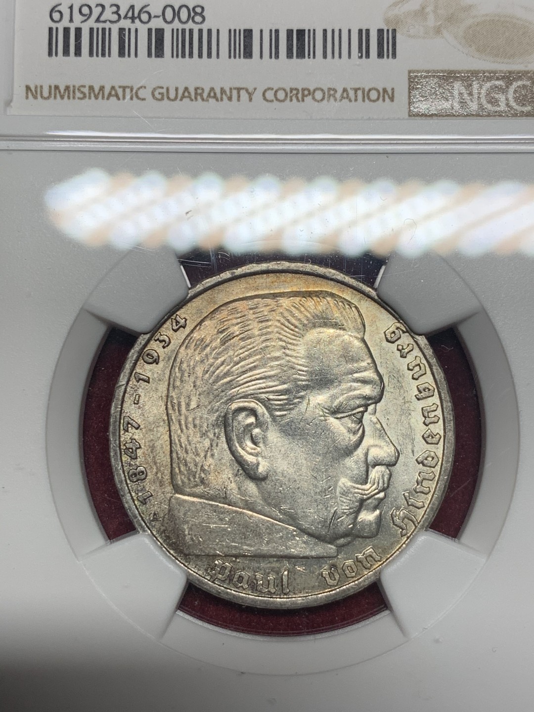 《竞宝斋》第59场-本周日，周一2场连拍（全场不限金额包邮） NGC MS62 德国1939 A版 5马克 深彩包浆 上分不容易