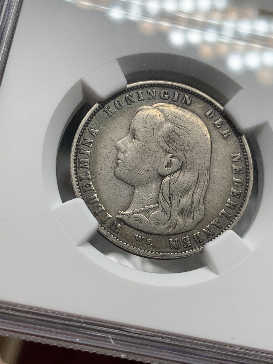 《竞宝斋》第59场-本周日，周一2场连拍（全场不限金额包邮） NGC XF 1892年荷兰威廉明娜1G 原味美品！