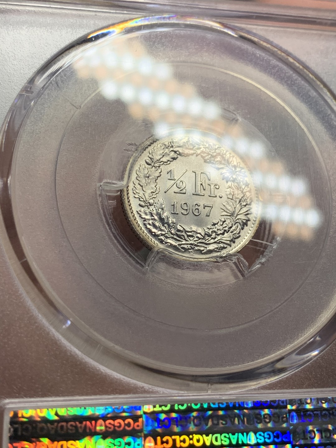 《竞宝斋》第59场-本周日，周一2场连拍（全场不限金额包邮） PCGS-MS67 瑞士1967-B 女神1/2 法郎 银币 超高分镜面光 边缘带微彩