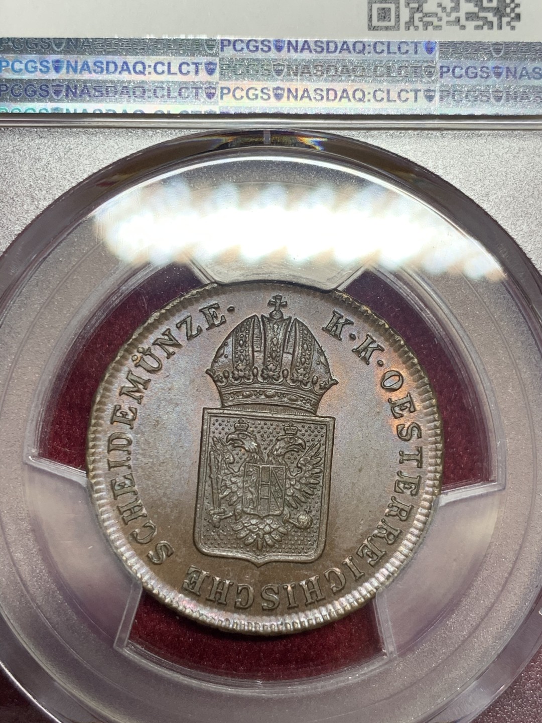 《竞宝斋》第59场-本周日，周一2场连拍（全场不限金额包邮） PCGS MS65 亚军分 奥地利 1816年 1克鲁泽 铜币 近乎完美状态