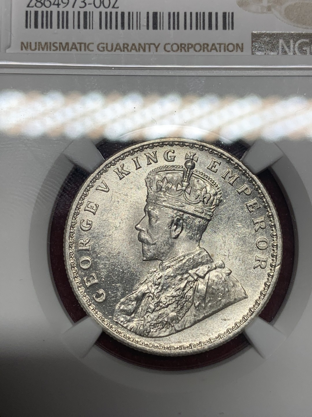 《竞宝斋》第59场-本周日，周一2场连拍（全场不限金额包邮） NGC MS64 英属印度 乔治五世1920年C版 1卢比银币 高分 币面白净 卢比到64不易 SBP-MS64去年成交价192美元 最近热涨品种