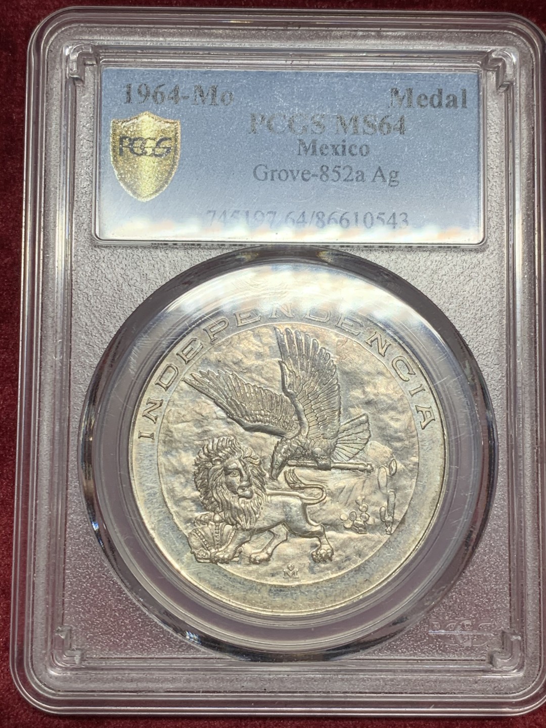 《竞宝斋》第59场-本周日，周一2场连拍（全场不限金额包邮） PCGS MS64 墨西哥 1964年 墨西哥独立150周年纪念银章 墨西哥章少见 该章极其精美  ¥2,063.62 • PCGS MS64 • 7-23-2019 • EBAY 