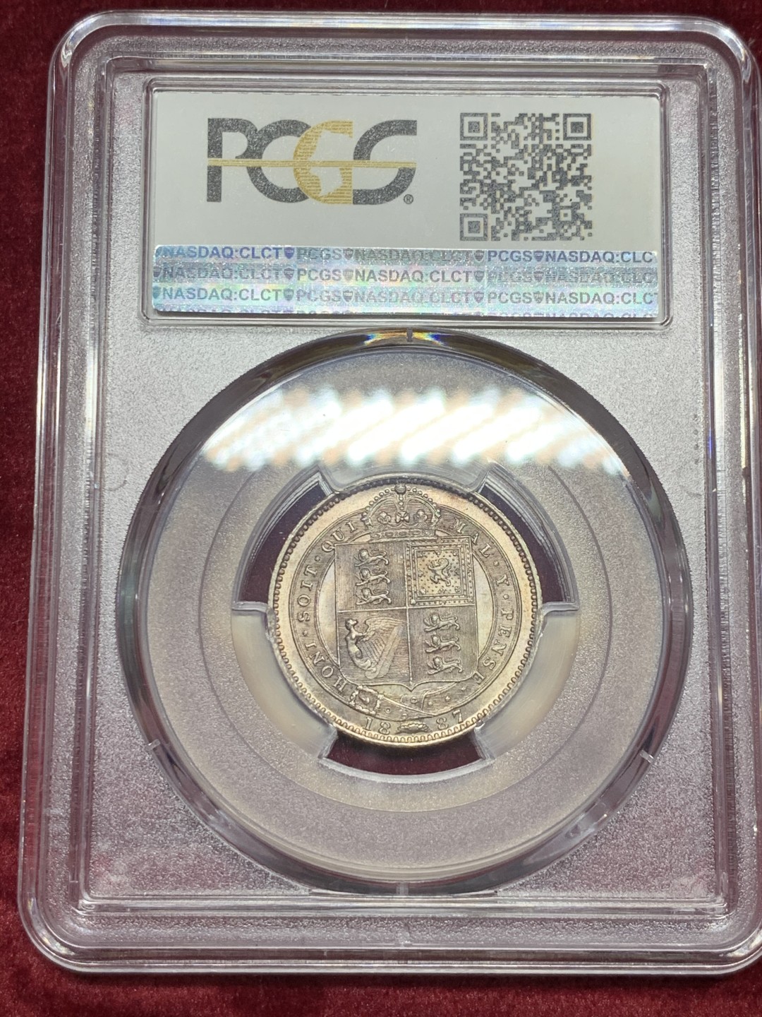 《竞宝斋》第59场-本周日，周一2场连拍（全场不限金额包邮） PCGS MS64  英国 1887年 维多利亚女王 高冠 1先令银币 十字转光 凝霜 可见 难得状态